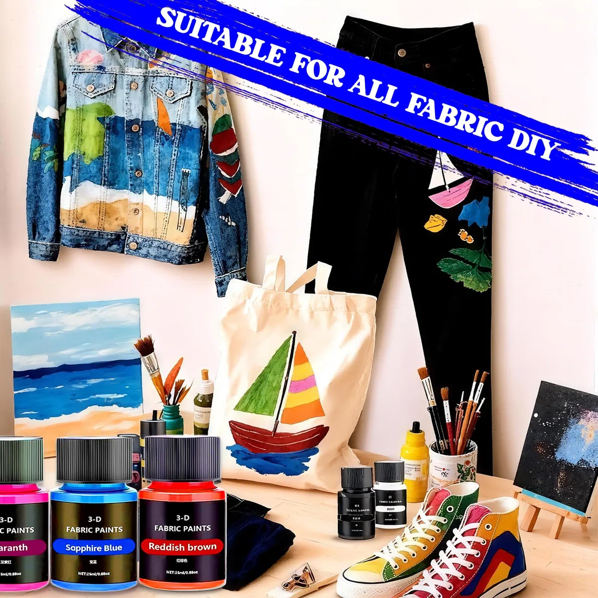 Textilfarbe, 24x25ml Textilfarbe Waschmaschinenfest, 3D Stofffarben Waschfest, Fabric Paint mit 10 Pinseln für Klamotten Textilfarben für T-Shirt Schuhe Jeans Tasche Kleidung Glas Holz