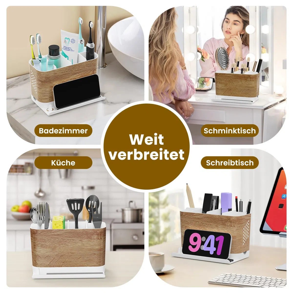 Zahnbürstenhalter Familie Groß Holzoptik Zahnbürsten Organizer mit Telefonhalter und Verstellbaren Trennwänden, Kabelfreundlicher 6 Fächer Zahnputz Organizer mit Ablauf für Familie, Kinder