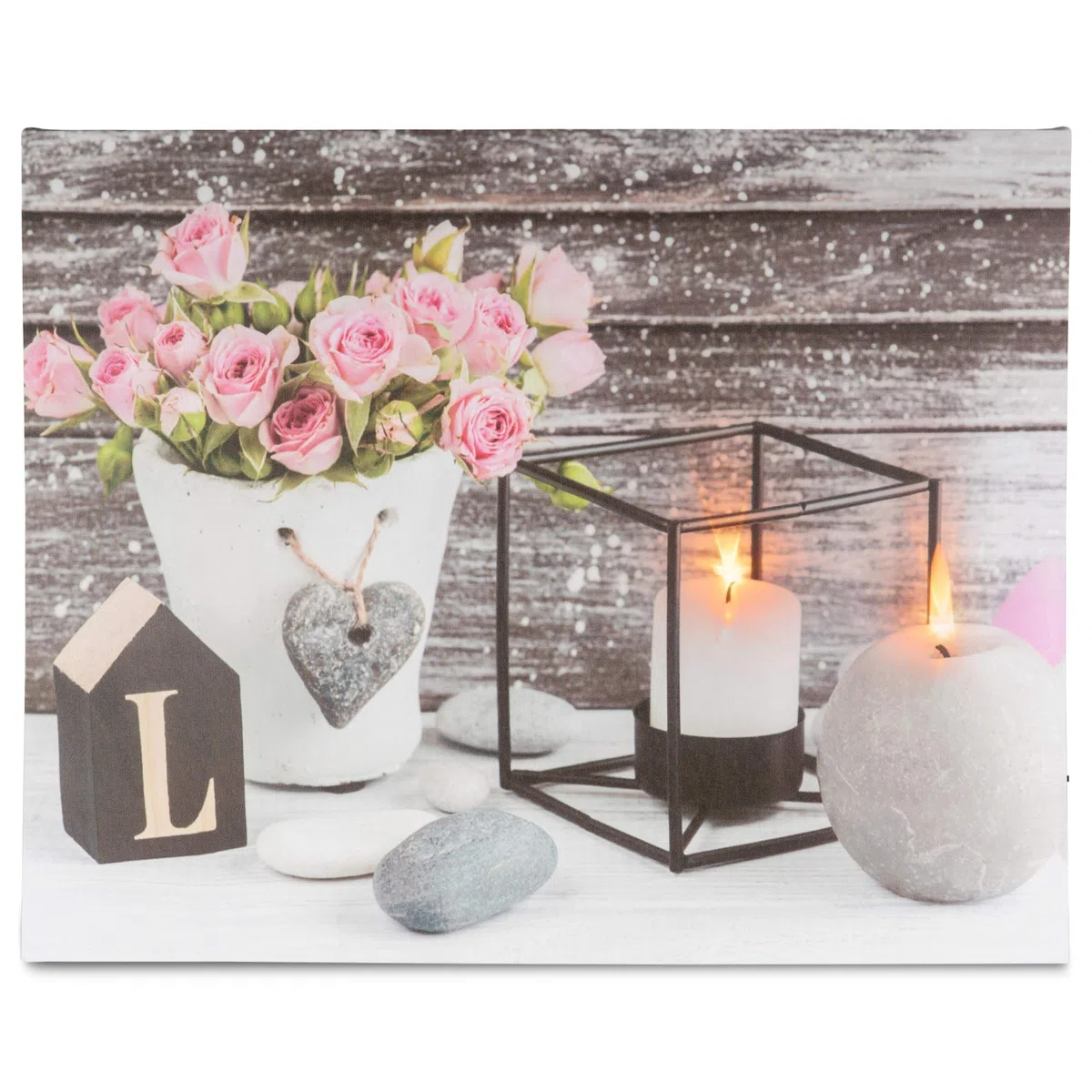 Nexos Trading LED Wandbild mit Beleuchtung Love 40 x 50 cm Kunstdruck Landhaus Vintage-Stil flackernde Kerzen Shabby Chick Hütte