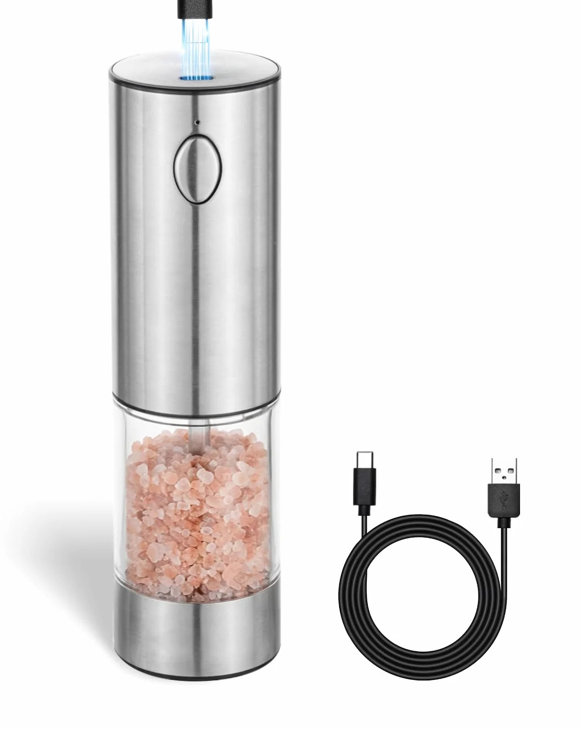 Elektrische Salz- und Pfeffermühle, Stufenlos einstellbarer Keramikmahlwerk aus Edelstahl, wiederaufladbar per USB, mit Bürste und Sichtfenster, Silber