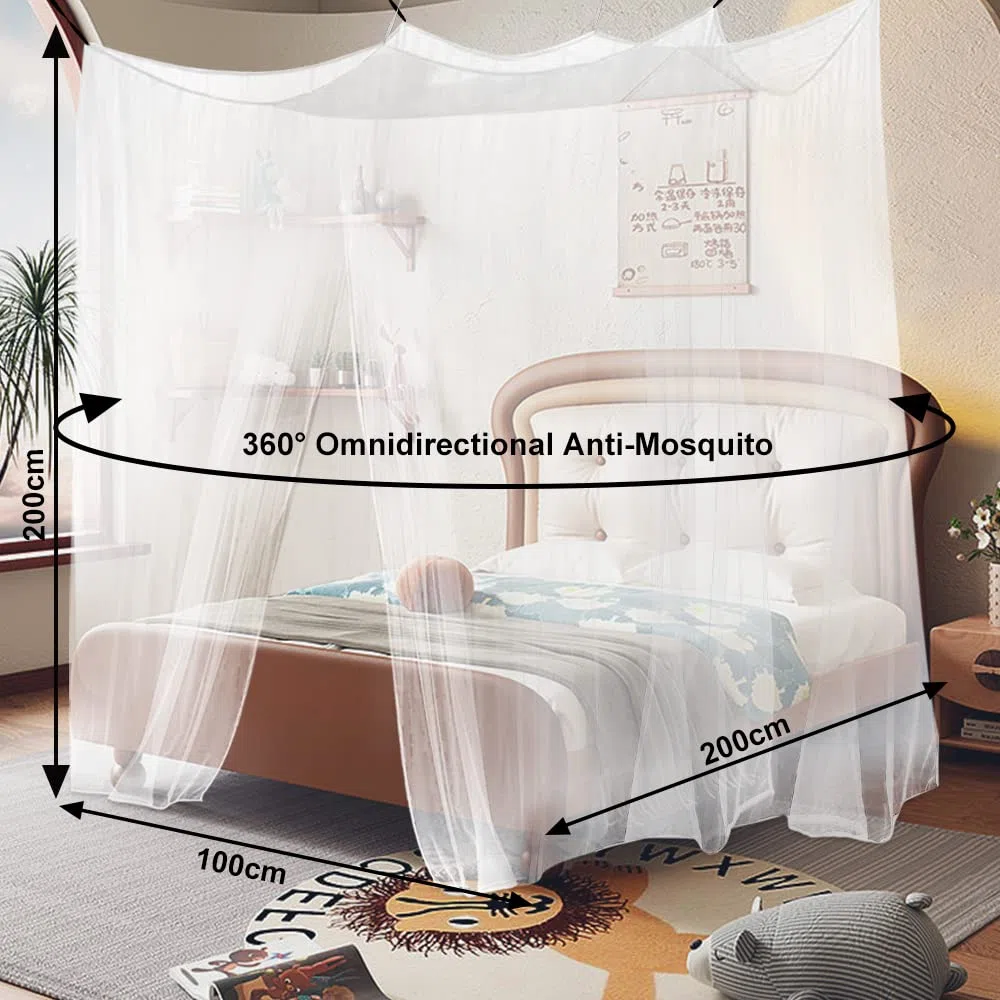 Moskitonetz Einzelbett, Quadratische Moskitonetze mit 6 Aufhängepunkten Klebehaken, Großes Mückennetz für Bett, Mückennetz Bett für Einzelbett, Insektenschutz für Reise und Zuhause100x200x200cm