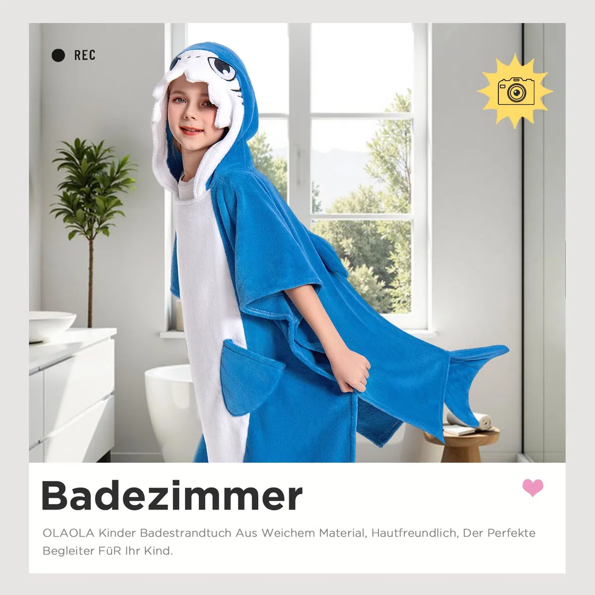 OLAOLA Kinder Poncho Handtuch mit Kapuze, Strand Umkleidemantel, Saugfähige Badetücher, Schwimmtuch für Jungen und Mädchen von 3–12 Jahren, Blauer Hai