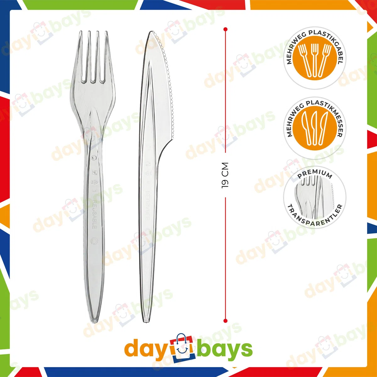 Plastikbesteck Set 100x Plastikgabel 100x Plastikmesser Mehrweg Geschirrset Partybesteck Plastikgeschirr Mehrwegbesteck Spülmaschinenbeständig (Transparent, 100Gabel+100Messer)