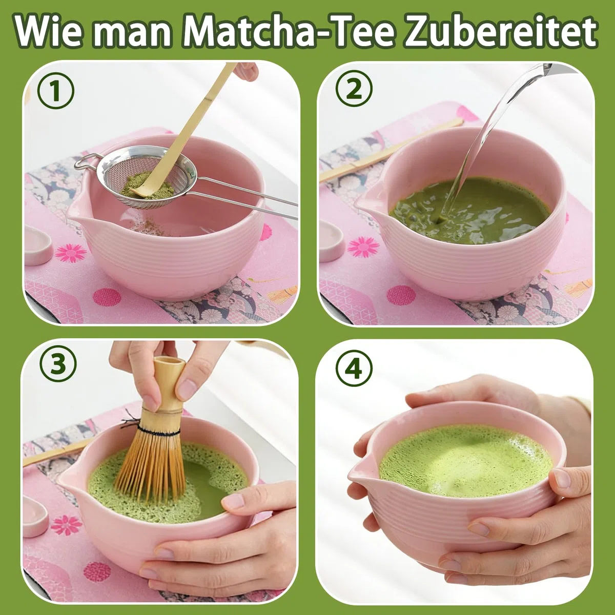 Clay&Fire Matcha Set, 9 Teiliges Matcha Besen Set - Bambus Matcha Whisk, Matcha Schale mit Auslauf, Japanisches Matcha Kit für Matcha-Liebhaber, Weihnachtsgeschenke,Geschenk (Streifen Rosa)