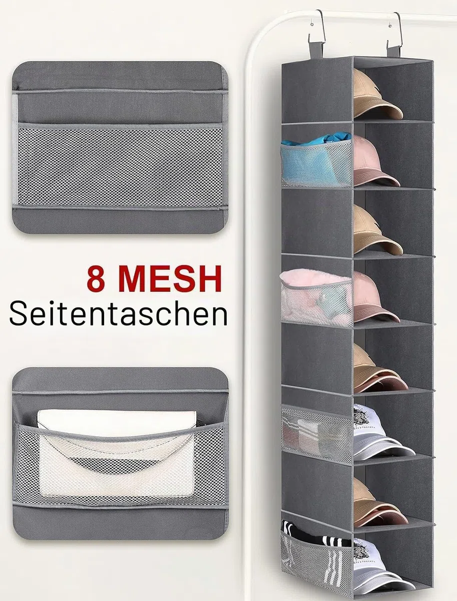 MISSLO 8-Regal Hängende Schuh Organizer Kleidung Schrank Organizer und Aufbewahrungsregale Huthalter mit großem Regal und seitlichen Mesh Taschen für Hüte Handtaschen Kid Pullover, grau