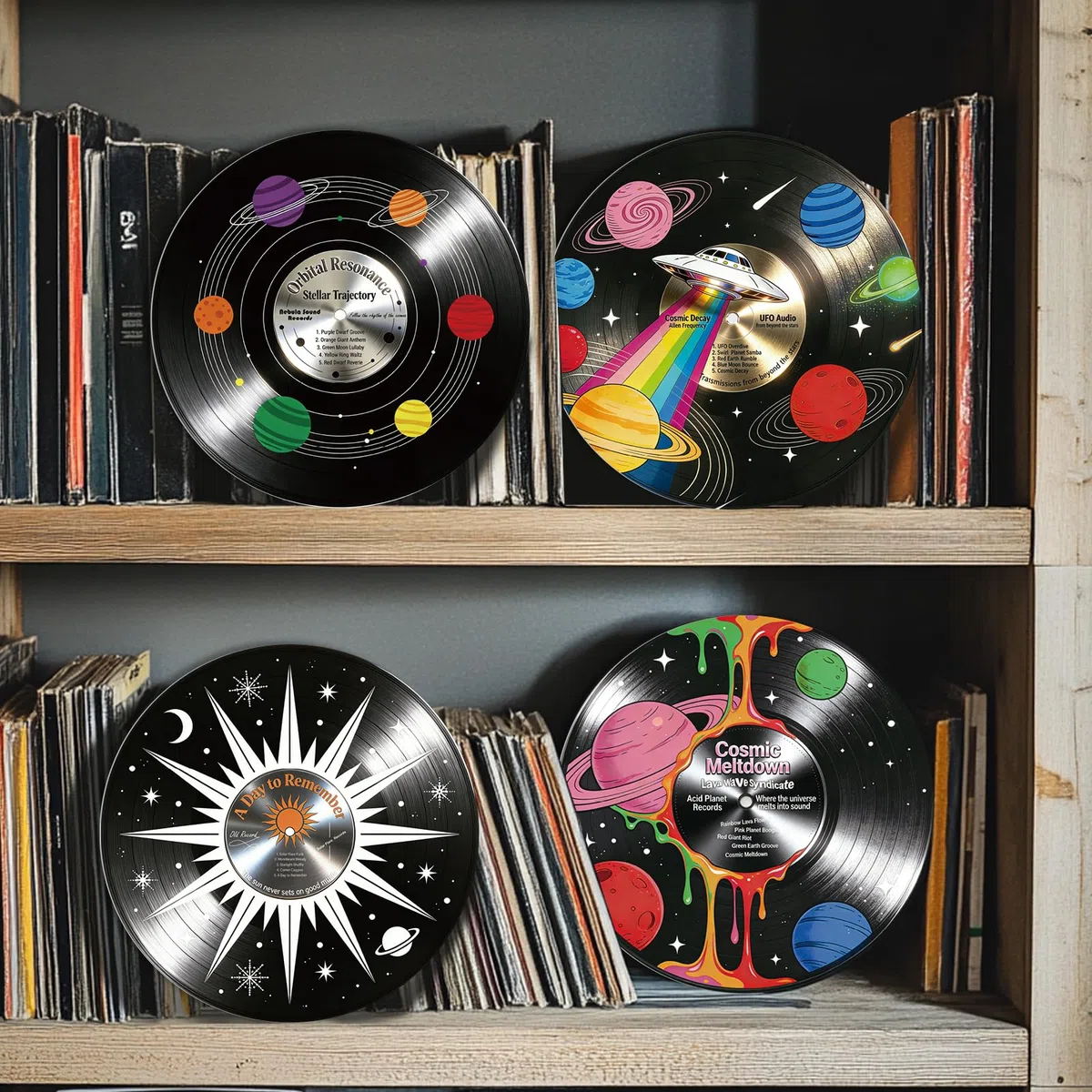 twinklemon 4 Stück Kosmische Thema-Vinyl-Wanddekoration, gefälschte Albumhüllen, Musikposter, ästhetische Wanddekoration, selbstklebende Wanddekoration, Retro-Aufkleber für Schlafzimmer und Wohnzimmer