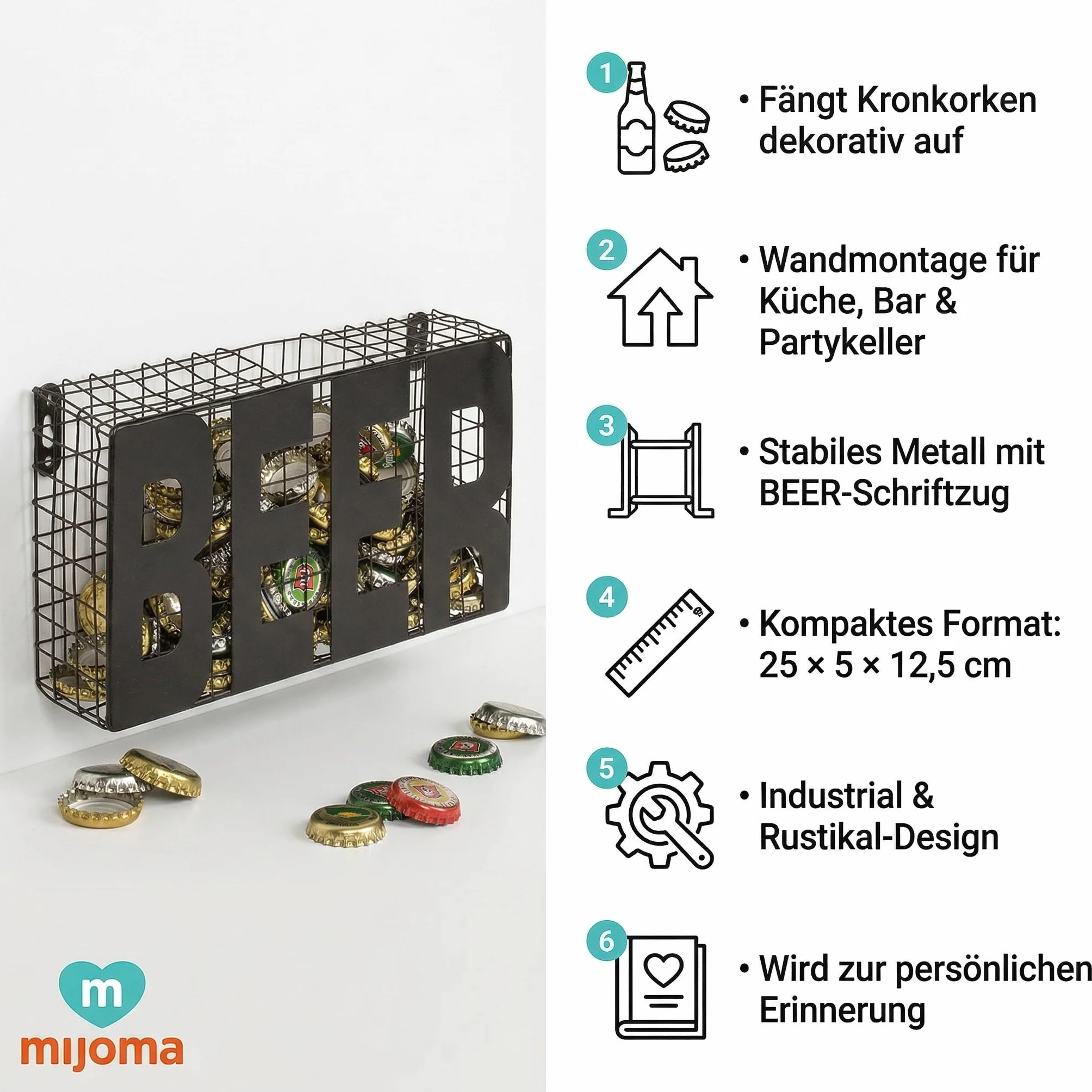 MIJOMA Kronkorkensammler Beer 25 x 5 x 12,5 cm – Metall zum Aufhängen – Schwarze Wanddeko für Küche, Hausbar und Partykeller