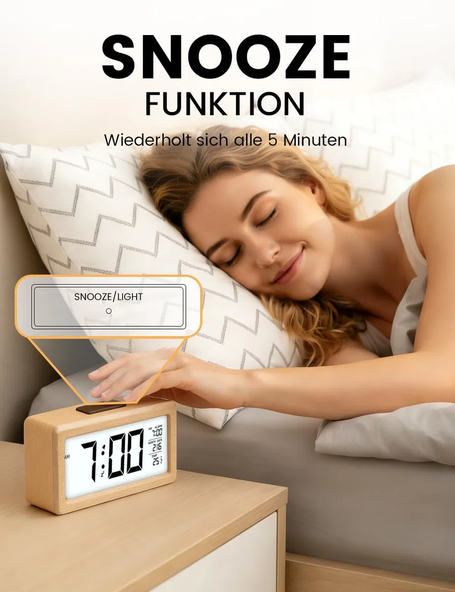 aboveClock Wecker Digital, Holz mit Sensore Moduls, Tischuhr mit Großer Anzeige, Datum, Teperatur Anzeige, Nachtlicht, Digital Uhr mit Snooze Moduls (Batterie Nicht Enthalten)