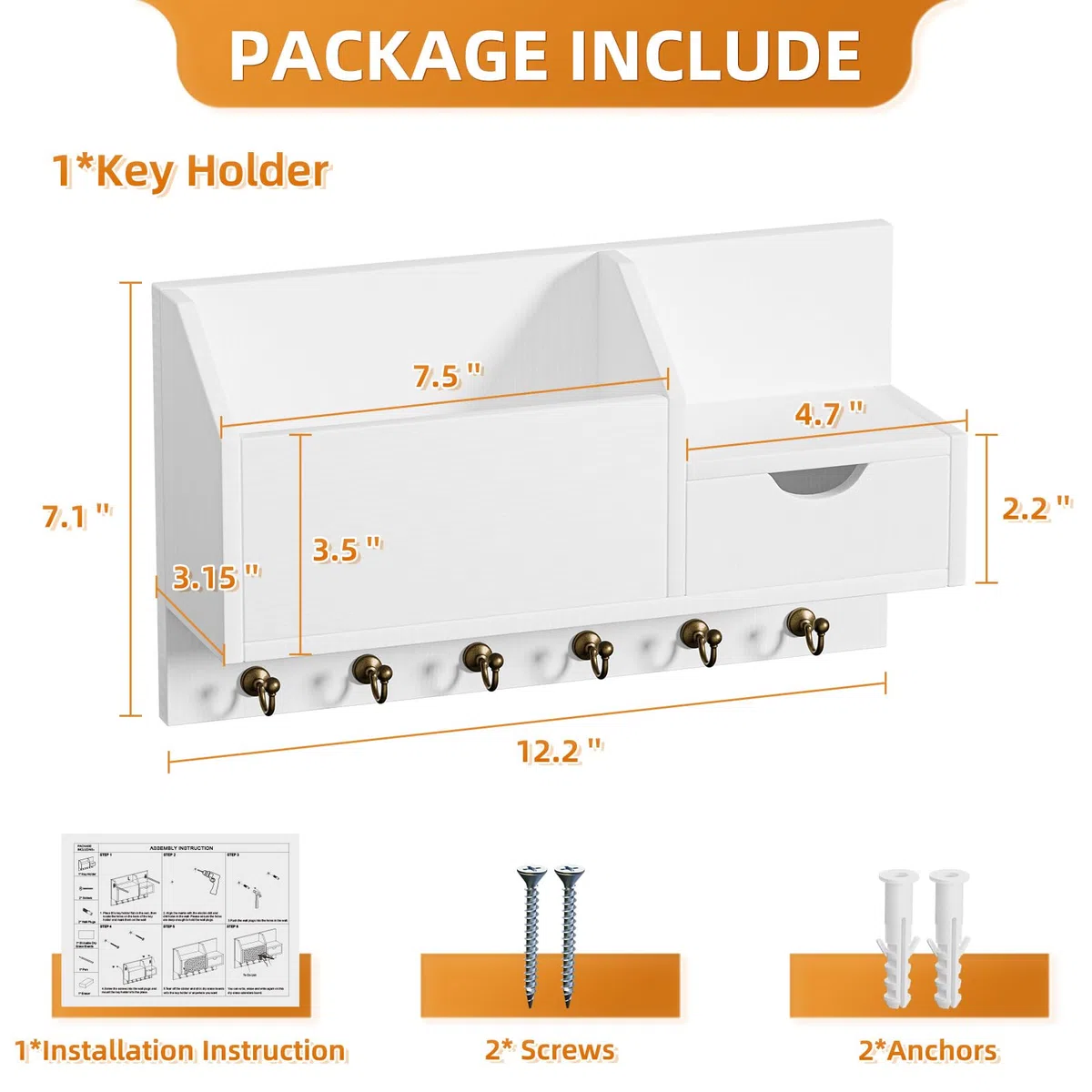 Schlüsselablage, Wandhalterung mit 6 Haken und Aufbewahrungsschublade, Schlüsselbrett Holz, Wand Schlüsselhaken, Wandregal für Schlüsselanhänger Organizer, für Eingang Wohnzimmer Flur Büro (weiß)