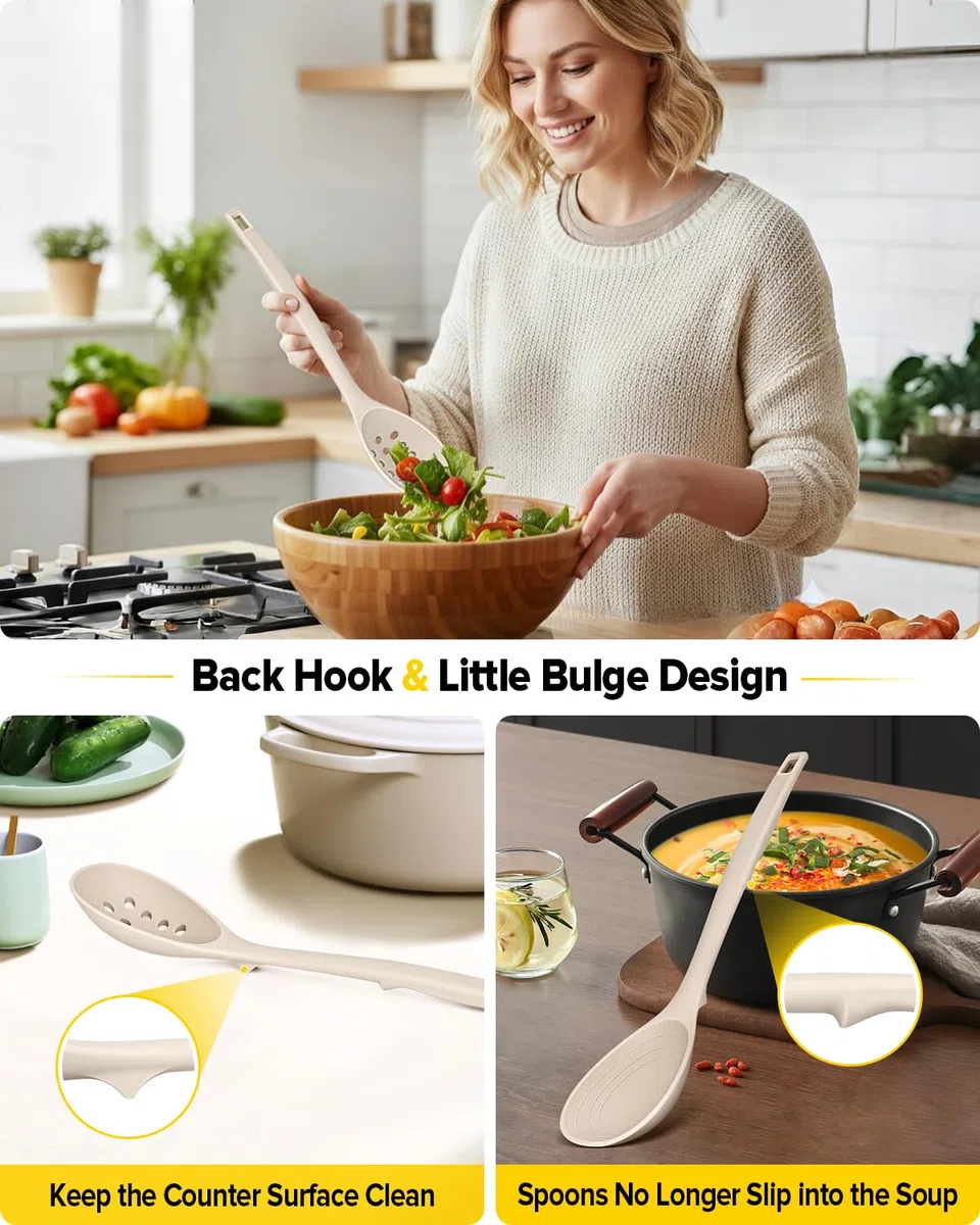 Packung von 4 Silikon Kochgeräte Set, Non-Stick-Festspalten und hitzebeständige Schlitzlöffel mit Rücken Haken, Ideale BPA-freie Küchenutensilien Set für Braten, Servieren, Drehen, Rühren(KHAKI)