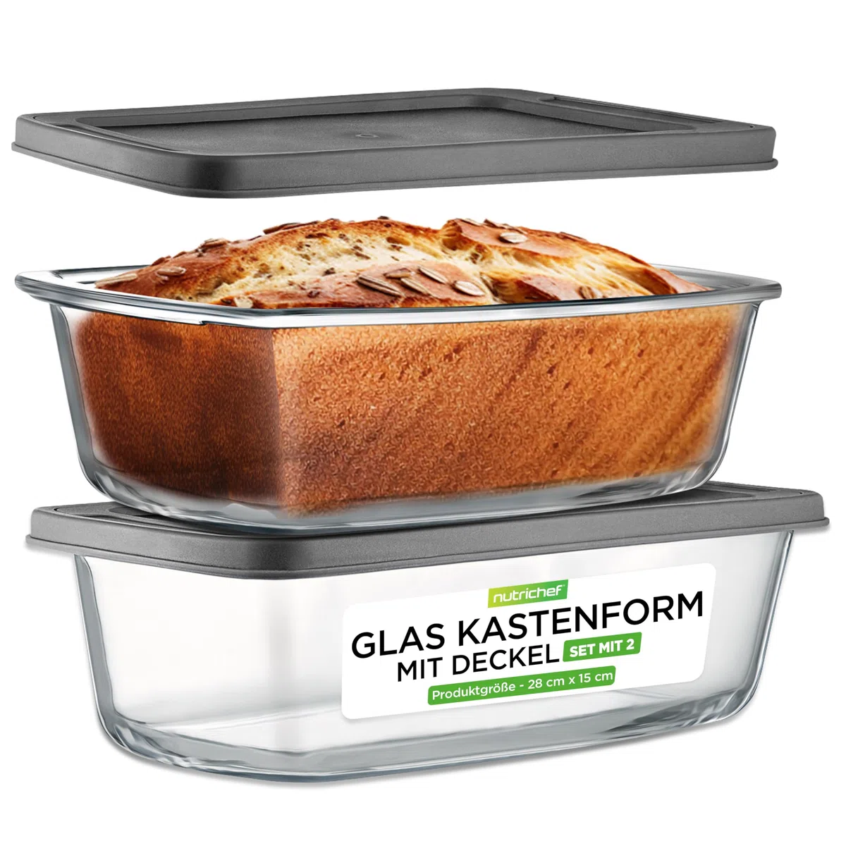 NutriChef Glas Brotbackform Mit Deckel 2er Set 1,8 L – Borosilikat Kastenform Luftdicht Stapelbar Für Backen, Aufbewahren und Meal Prep, Farblos