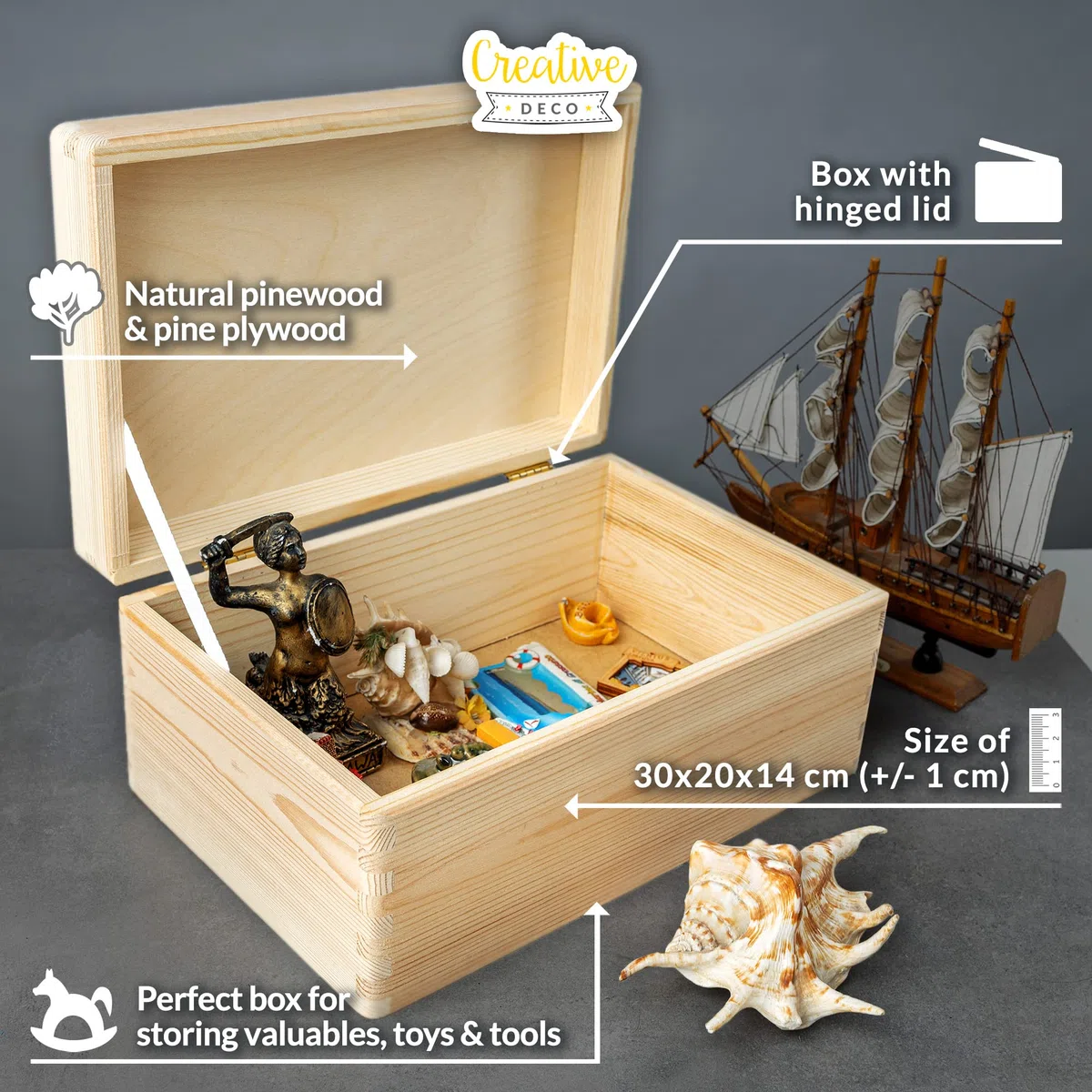 Creative Deco Holzkiste mit Deckel | 30 x 20 x 14 cm (+/-1cm) | Ostern Erinnerungsbox Baby Groß Holzbox mit Deckel Unlackiert Kasten | Für Dokumente, Wertsachen, Spielzeuge, Werkzeuge | ROH