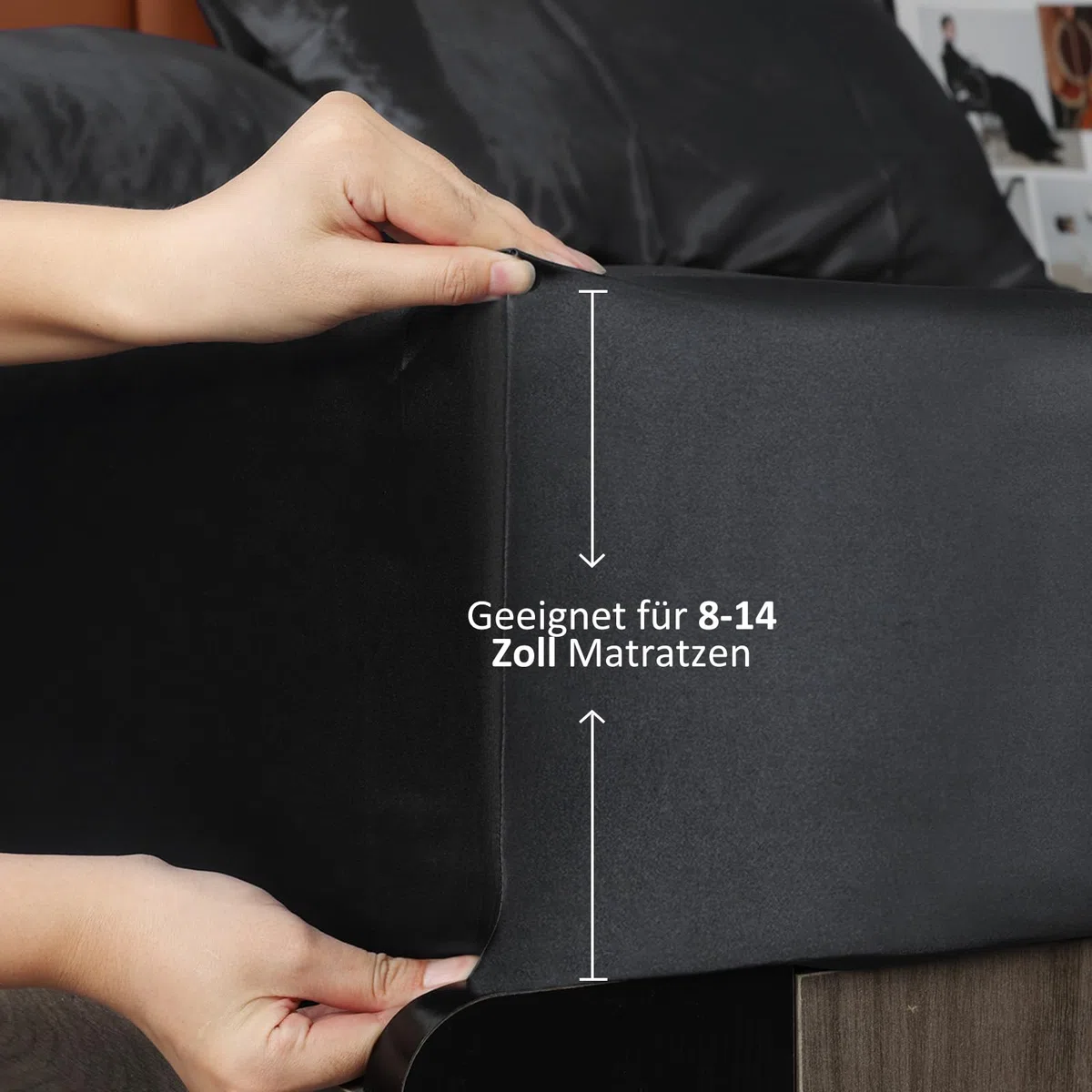 Lirex Satin Spannbettlaken 180x200cm, Seide Spannbetttuch Luxuriös und Seidig Glatt Weiche Microfaser Bettlaken für bis 35cm Matraze, Schwarz