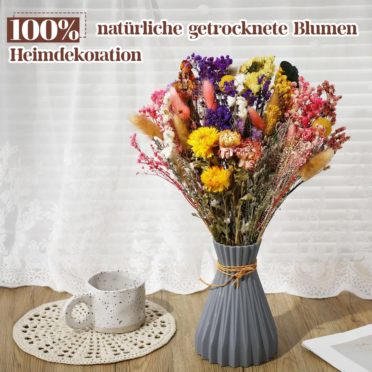 46 Stück Trockenblumenstrauß Deko Set, 15 Sorten Trockenblumen Blumen, Bunt Getrocknete Blumen, Natürlichen Strohblumen für Wohnzimmer Home Hochzeit Vasen Tischdeko