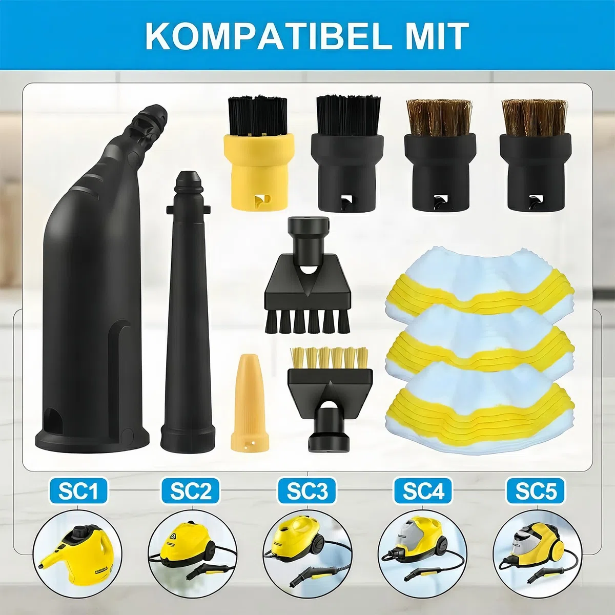 12 Stück Dampfreiniger Zubehör für Kärcher, Kompatibel mit SC1 SC2 SC3 SC4 SC5, Dampfreiniger Ersatzteile für Kärcher, Inkl Rundbürste Flachbürste Düsen Mikrofaser-Tuch, für Küche Bad Auto