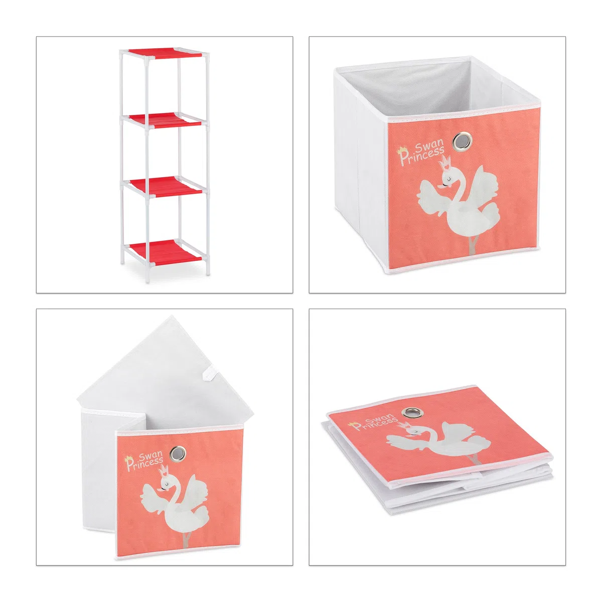 Relaxdays Kinderregal mit 3 Boxen, Spielzeug, Mädchen, Schwan-Design, Regal Kinderzimmer, HBT 89 x 27,5 x 30 cm,weiß/rot