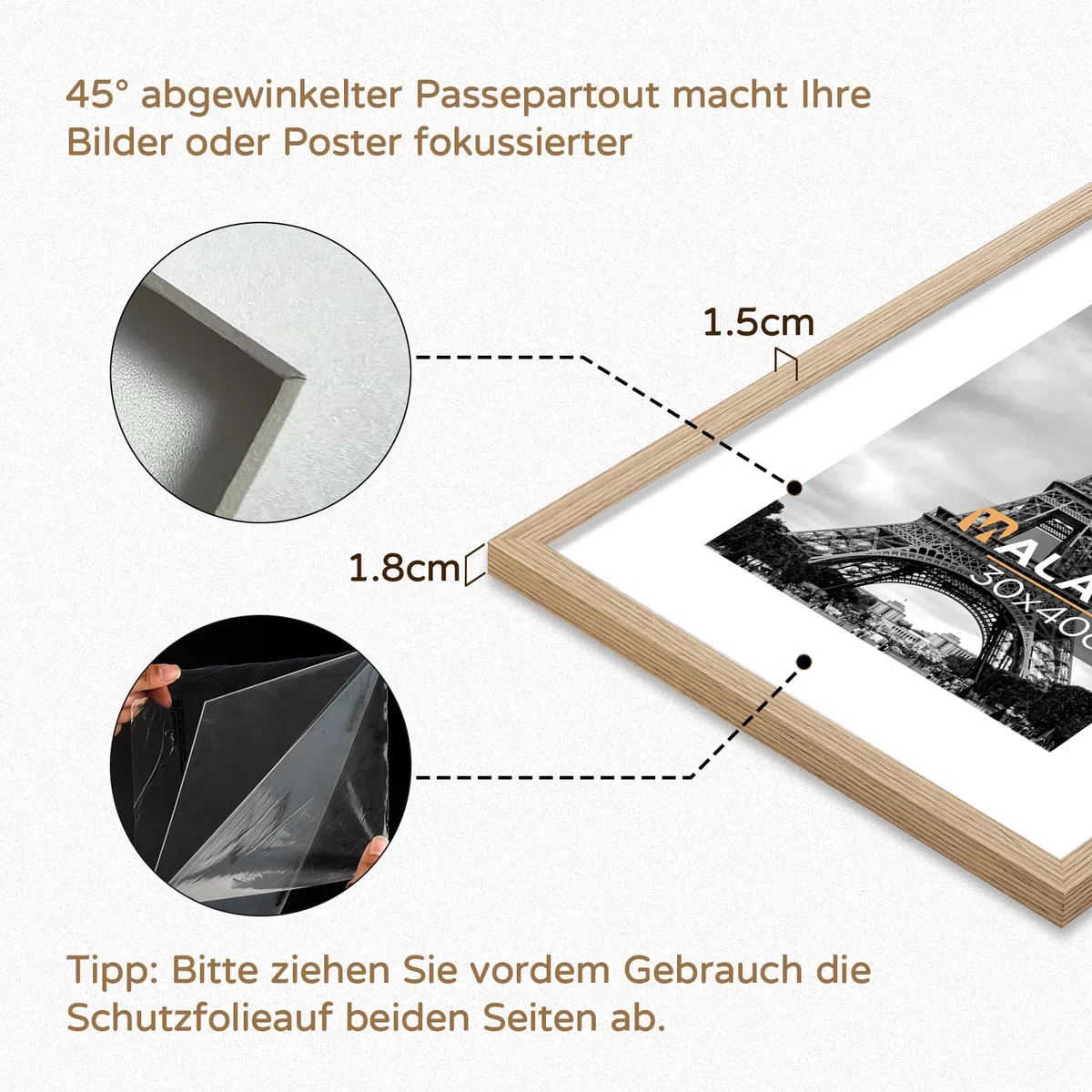 Bilderrahmen 30x40 Holz: 3er Set 40x30 Rahmen mit Passepartout für Foto Poster - Holzrahmen mit Acrylglas