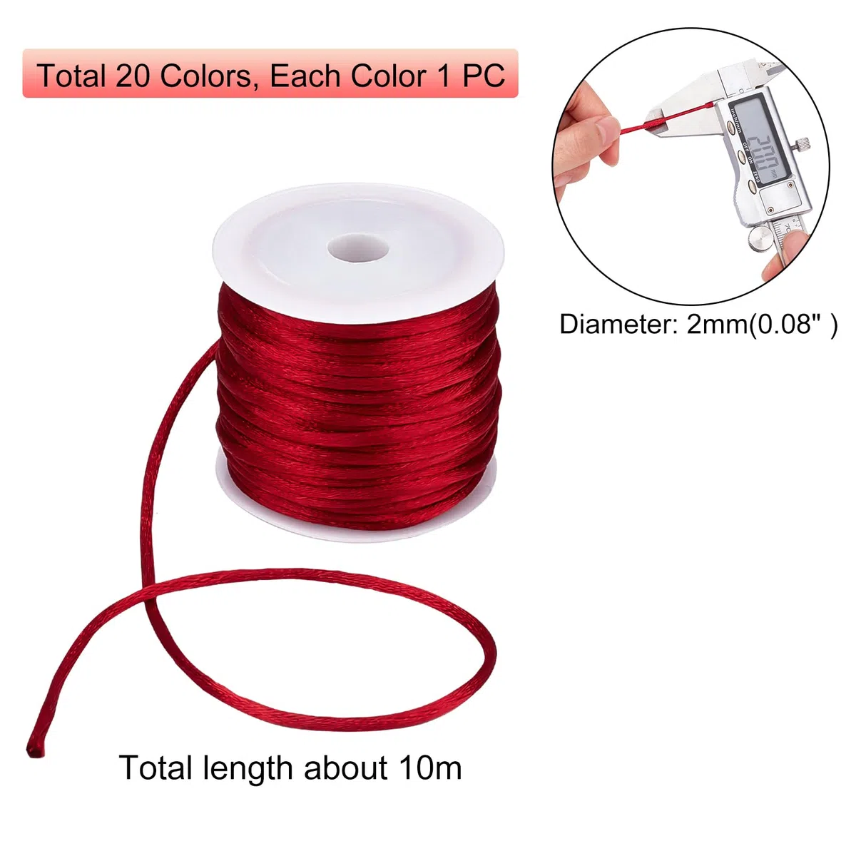 PandaHall 20 Colours Satin Nylon Trim Cord, 2mm Rattail Seidenschnur Armband Schnur Schnur Weihnachtsbaum Perlenschnur Für Chinesischen Knoten, Makramee, Trimmen, Schmuckherstellung, 200 Meter
