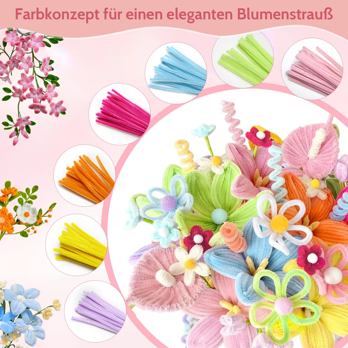 500 Stück Pfeifenreiniger Blumen Set, 20 Farben Pfeifenputzer zum basteln | Pipe Cleaner mit 25 Stück Blumendraht Grün, Klebeband, Geeignet als Geschenk zum Valentinstag und Weihnachten