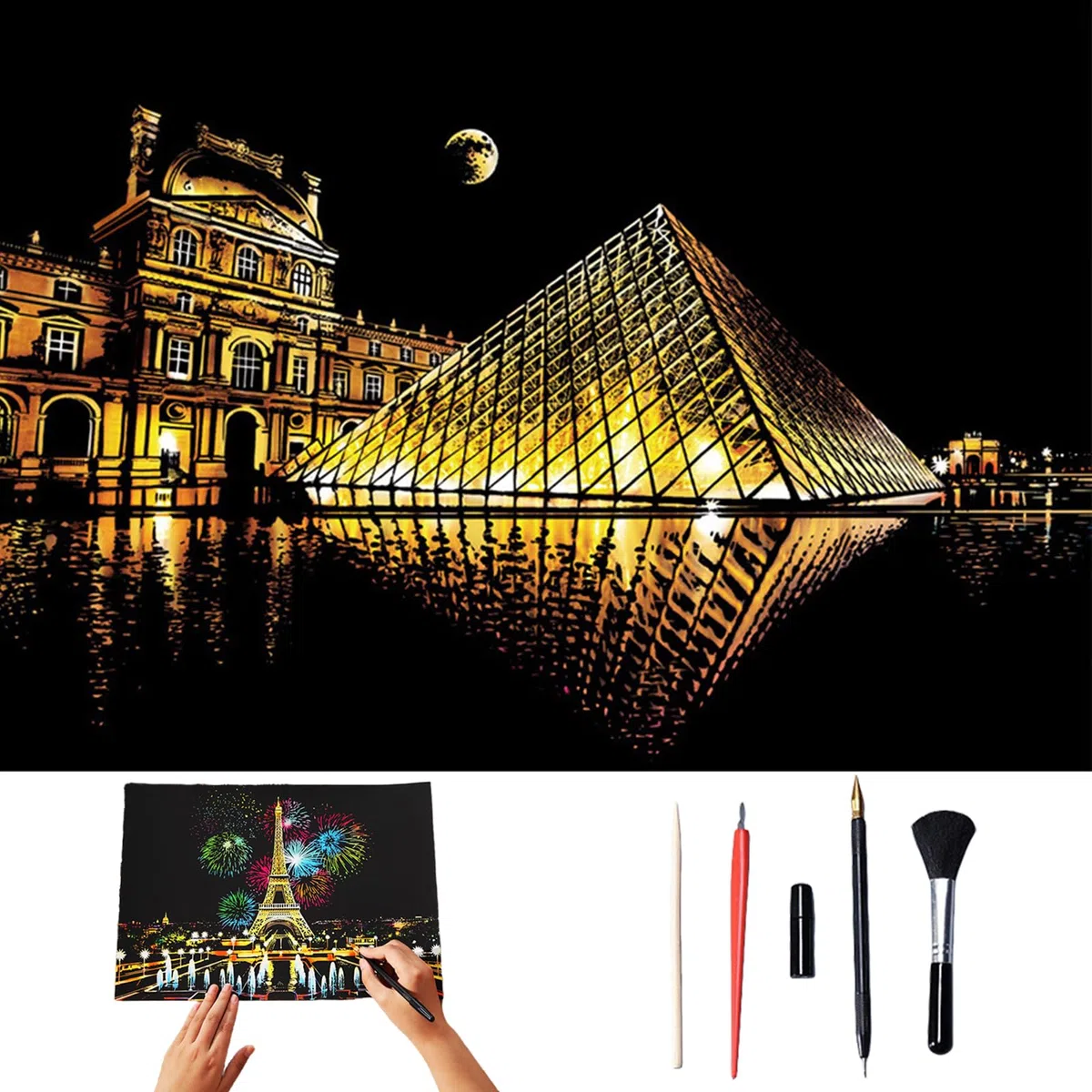 Scratch Art for Kids & Adults, Colorful Sketches Scratch Off, Scratch Painting for Adults, Scratch Paper Art Rainbow, Paint By Scratch 16 X 11.2 Inches (Louvre)