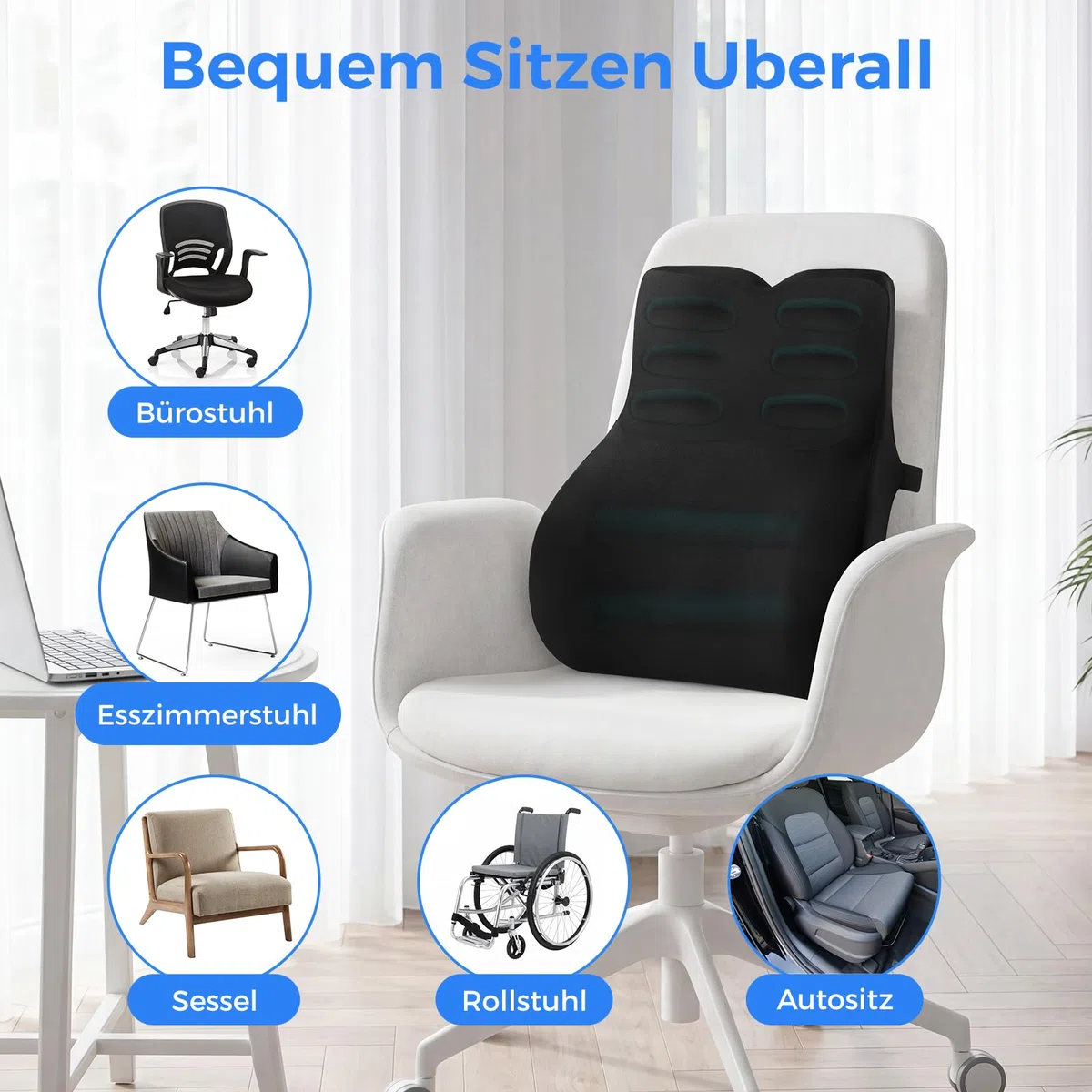 Lendenwirbelkissen Ergonomisch, Rückenkissen für Auto, Büro und Zuhause, Lendenkissen mit Memory Foam und Atmungsaktiver Hülle, Lordosenstütze zur Schmerzlinderung, Schwarz