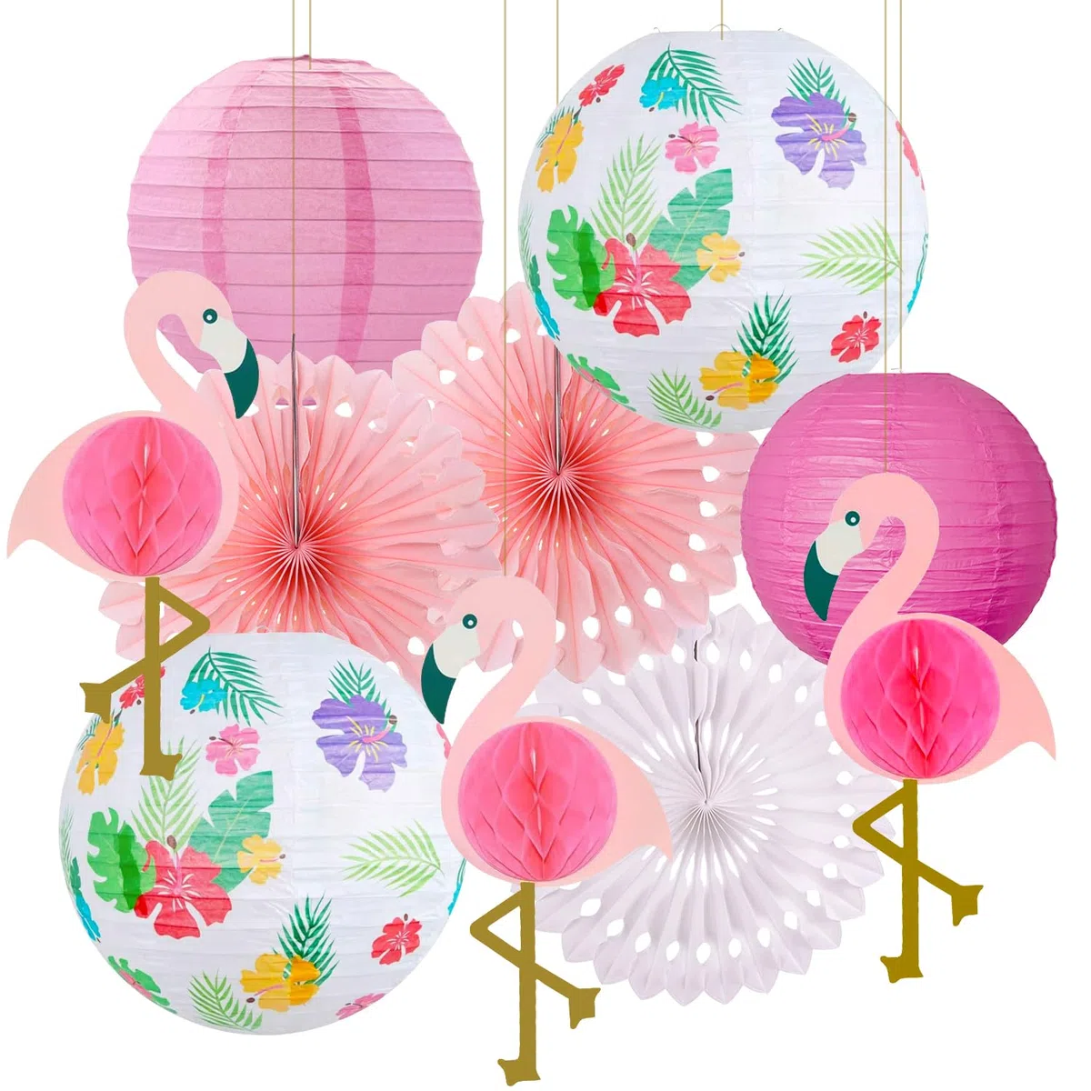 Flamingo Party Deko, Hawaii Party Deko Set mit Papierlaternen, Papierfächer und Flamingo Honeycomb, Sommerparty Deko für Poolparty, Gartenparty, Beach Party, Geburtstag