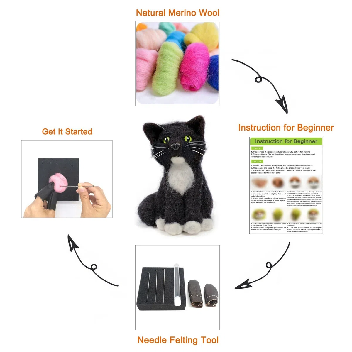Feltsky Nadelfilz-Set mit schwarzer Katze für Anfänger, Bastelset, enthält alles, um 13 cm Höhe zu machen