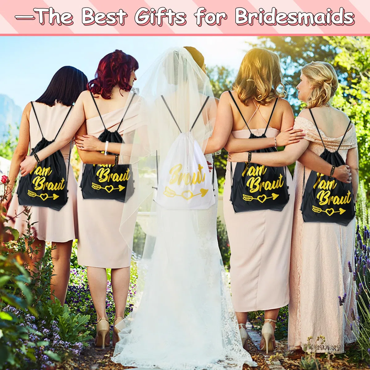 8PCS Turnbeutel Team Braut GA Beutel Set,Turnbeutel Team Braut mit Kordelzug für Brauts Party Geschenke Hochzeit,42x43cm,JGA Junggesellenabschied Frauen Turnbeutels Damen,Teams Brauts rucksack Set