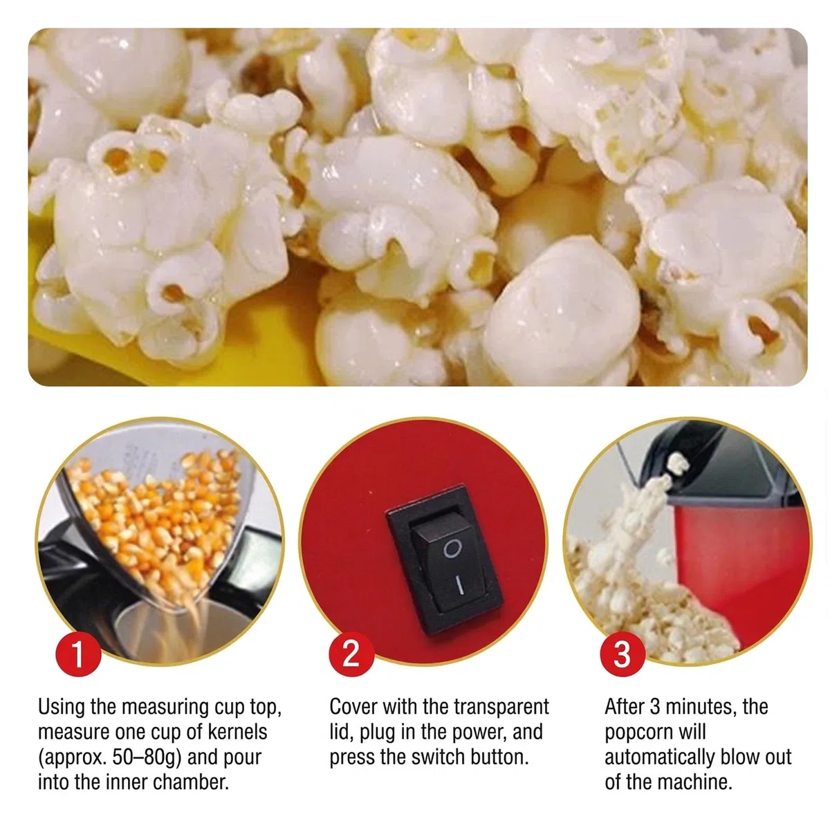 Popcornmaschine,1200W 220V Heißluft Popcorn Maker,Elektrische Popcorn Maschinen,Retro Popcorn Maker,Mini Popcorn Maker Für Heimkino,Filmabende,Partys,3 Minuten Schnell Und Einfach,Schwarz-Rot