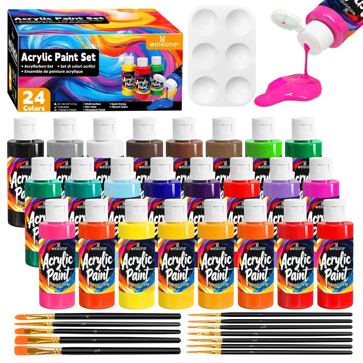 WINSONS 24 Farben Acrylfarben-Set, 12 Pinseln, 1 Palette, Ungiftig, Wasserdicht, Lebendig, Permanent, für Künstler, Studenten, DIY auf Leinwand, Stoff, Holz, Felsen, Ton, Keramik, Glas