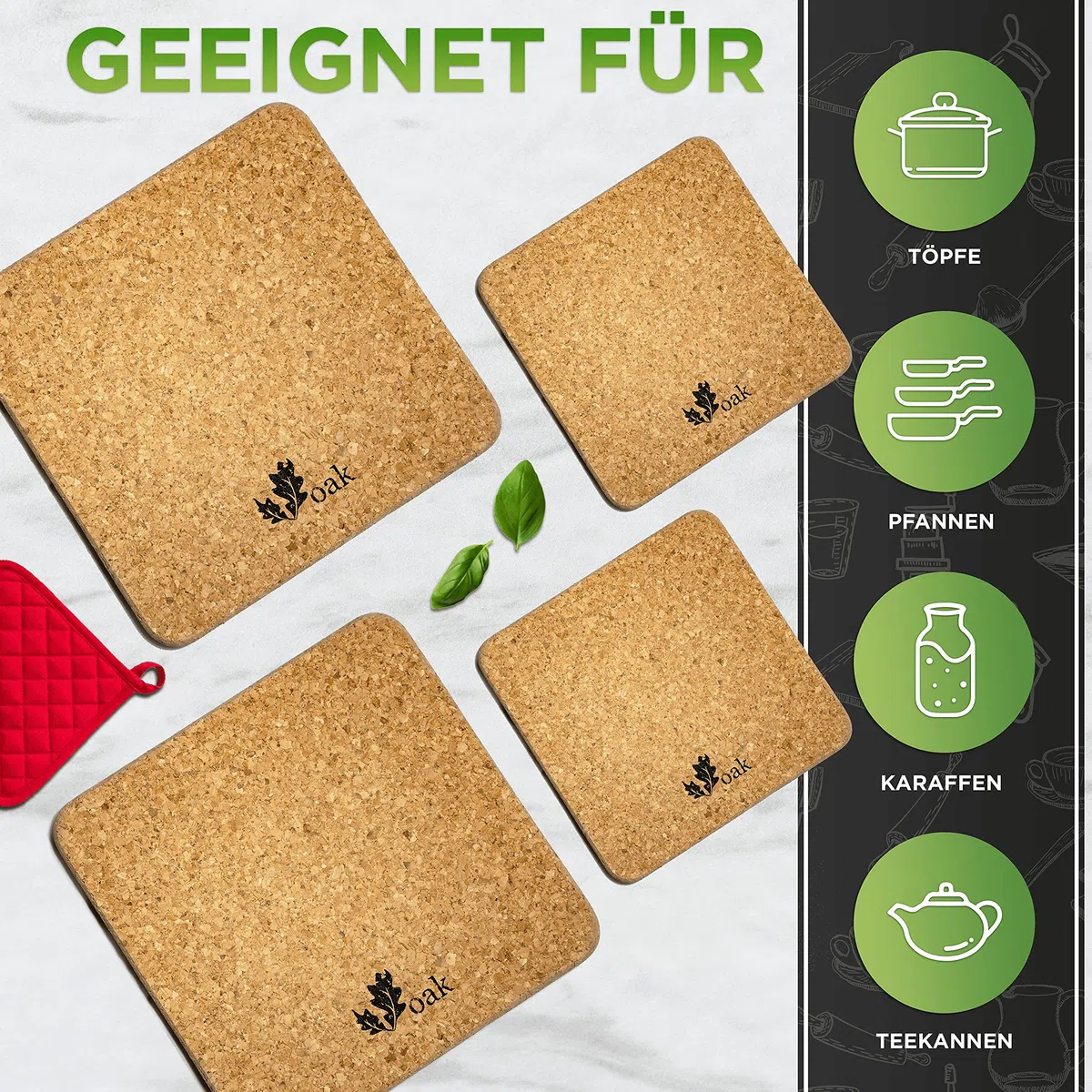 Voak® Topfuntersetzer Korkuntersetzer Set | 4 eckige Kork Untersetzer | 100% Natur Kork Made in Portugal | 20 cm und 15 cm | rutschfeste Unterlage Tischset Abwaschbar Hitzebeständig