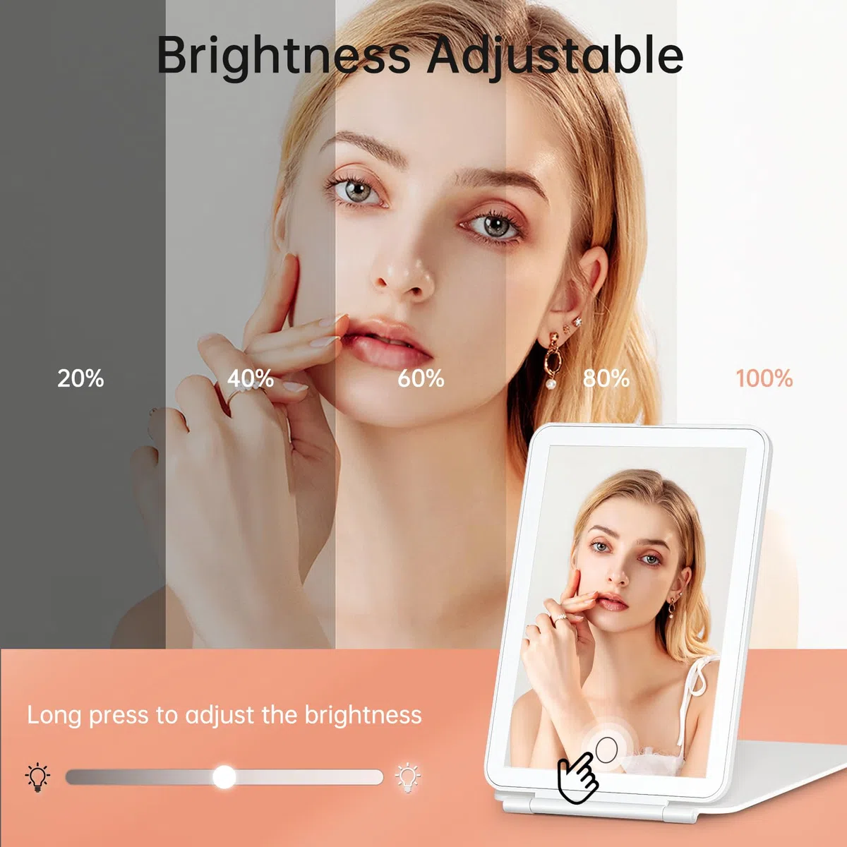 FUNTOUCH Kosmetikspiegel mit Beleuchtung, 2000mAh Wiederaufladbarer Tragbarer Ultraschlanker Reisespiegel mit Licht, 3 Farblichter Schminkspiegel, Faltbarer Makeup Spiegel für Zuhause Reise