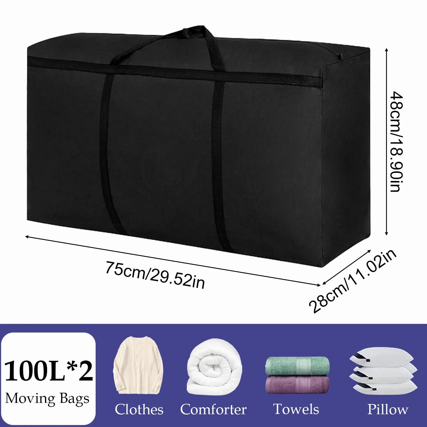 Kongming 2 Stück Aufbewahrungstasche für Bettdecken Wasserdichte Tasche 100L Oxford Schwarz Umzugstaschen mit Reißverschluss Handgriff für Kissen Kleidung Bettwäsche Aufbewahrung Umzug