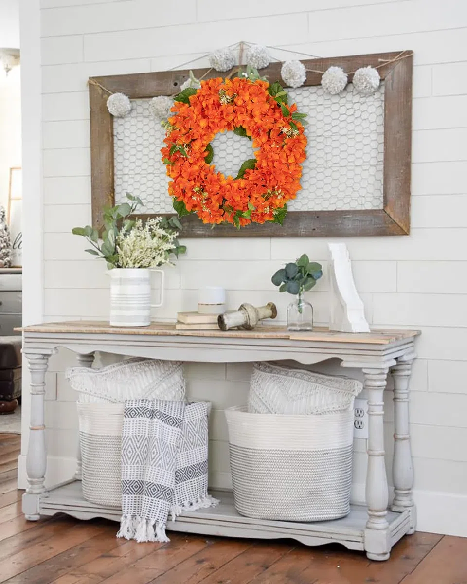 40cm Künstliche Hortensie Kranz Faux Blume Kranz, Faux Orange Hortensie Dekorativen Kranz für Haustür, Mantel, Wand, Bauernhof Dekor