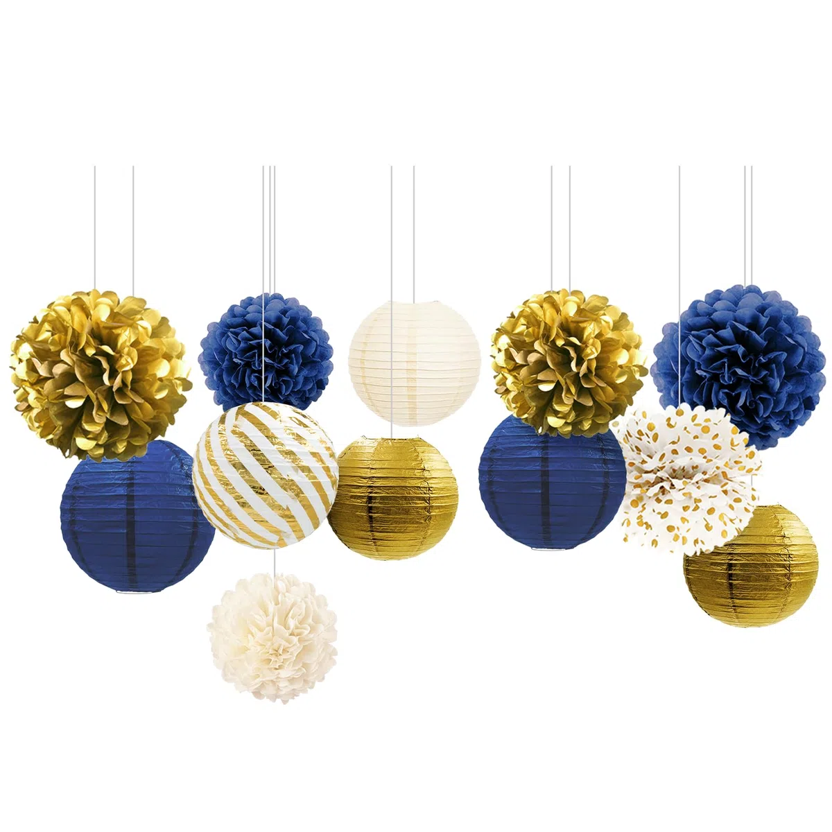 NICROLANDEE Navyblau Gold Dekorationen, 12 Stück Hängende Papierlaternen Seidenpapier Pompons Deko für Abschlussball der Klasse 2026, Neujahr, Babyparty Deko, Geburtstag Deko