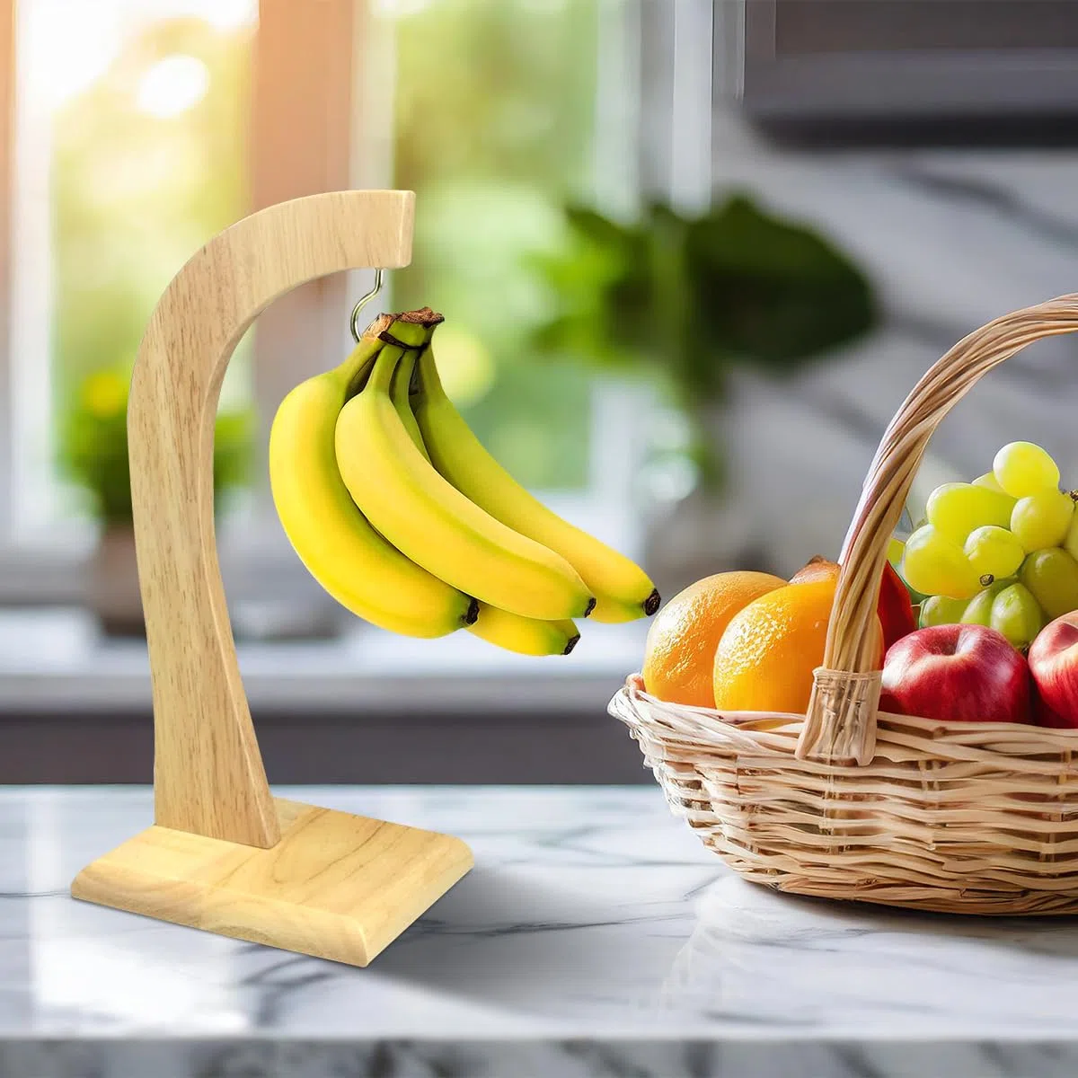 Besto Bananenhalter Ständer | Bananenaufhänger mit Gummi-Holzständer | Obstständer für Küchentheke | Bananenbaumständer mit Metallhaken | Bananenständer um Bananen frisch zu halten
