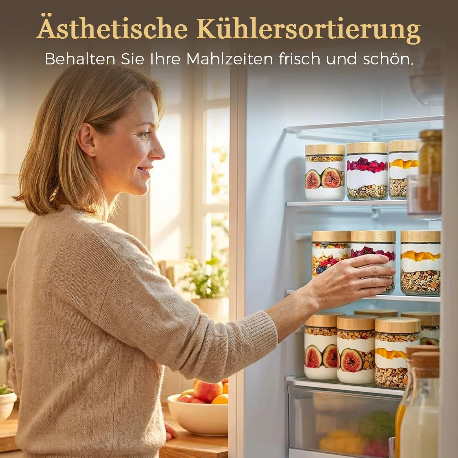 ComSaf Overnight Oats Gläser 4er Set 500ml, Hochwertige Meal Prep Behälter Glas mit Bambusdeckel für Büro Frühstück, Auslaufsichere Joghurtbecher Vorratsdosen für Trockenvorräte Natron-Kalk-Glas