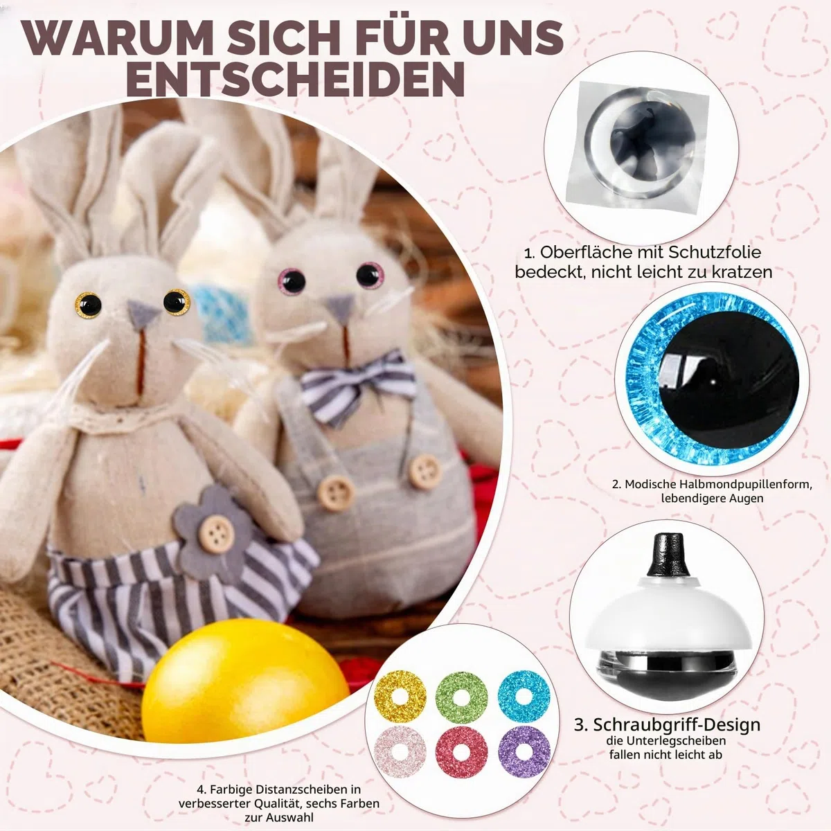 84 Stück 3D-Glitzer-Sicherheitsaugen, 16–35 mm, Mond-Sicherheitsaugen zum Häkeln, mit Unterlegscheiben, große Sicherheitsaugen für Amigurumi, Häkelaugen für Stofftiere, Puppenherstellung