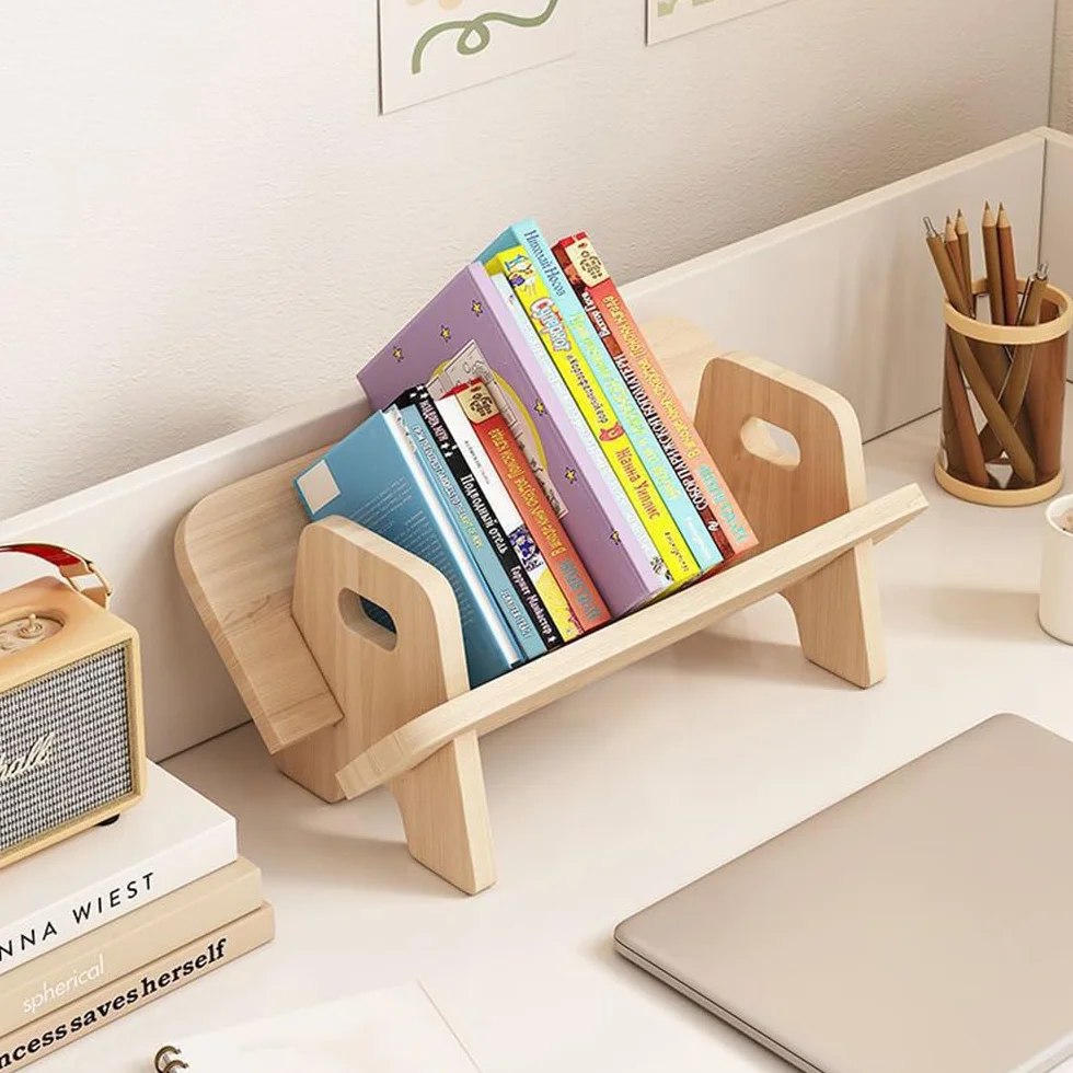 Bücherregal Klein für Tisch, Kinder Holz, Book Shelf mit Griff, Schreibtisch Regal für Bücher, Mini Organizer für Büro, Kinderzimmer, Wohnzimmer