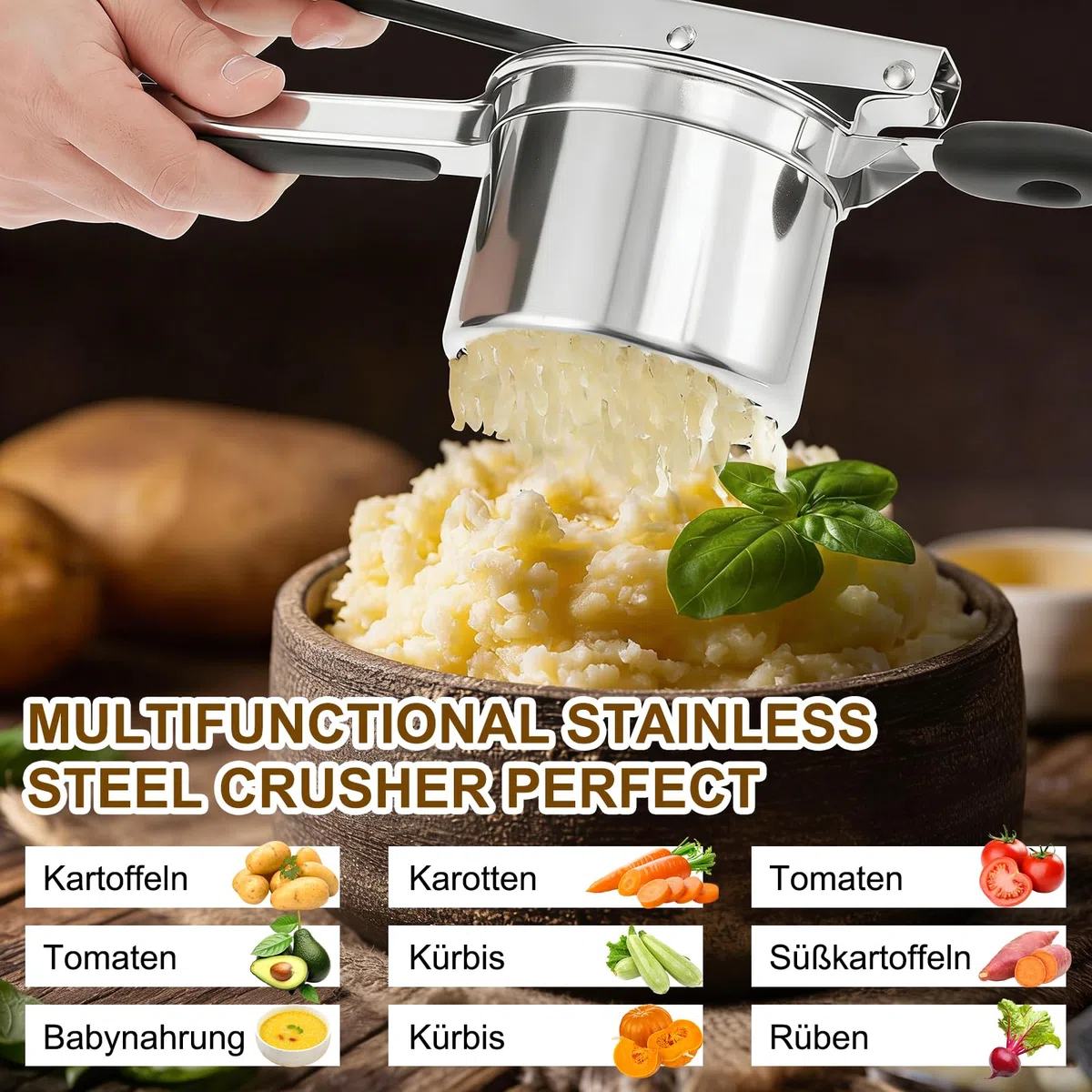 Kartoffelstampfer Edelstahl, Kartoffelpresse mit 4 Auswechselbaren Schneidplatten 3 Zubehörteile, zur Herstellung von Kartoffelpüree, Gemüsepürees, Säften Gemüsepressen, Spätzlepresse, Spülmaschine