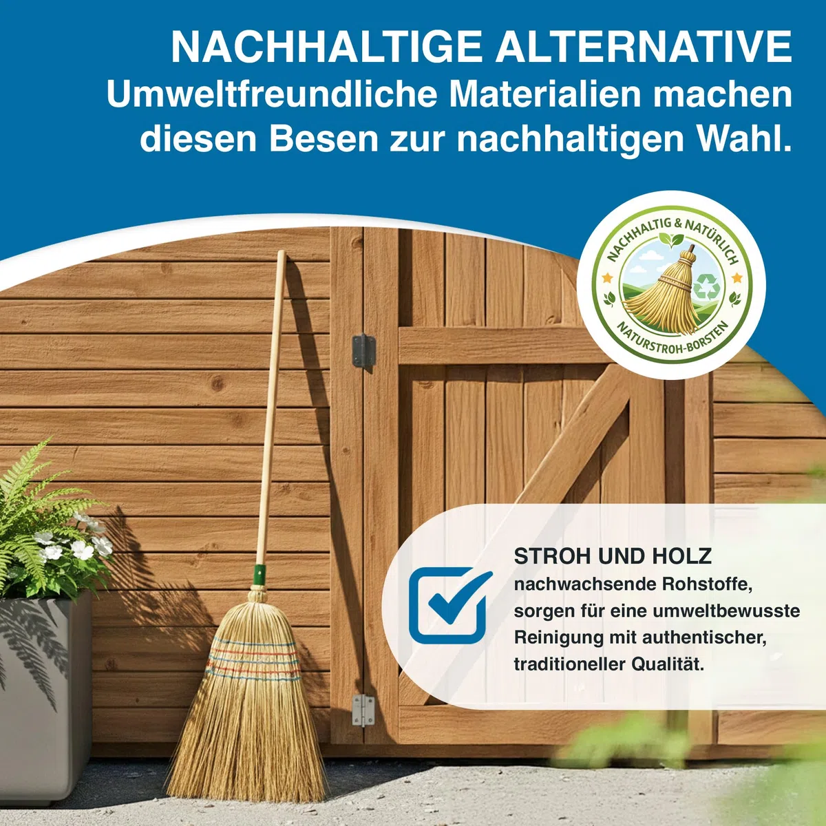 Peggy Perfect - Hochwertiger Strohbesen, Reisstrohbesen mit 5-facher Naht, Buchenholzstiel und extra dickem Reisstrohbesatz. Gesamtgröße 141x34x5cm. Naturprodukt aus nachhaltigen Materialien.