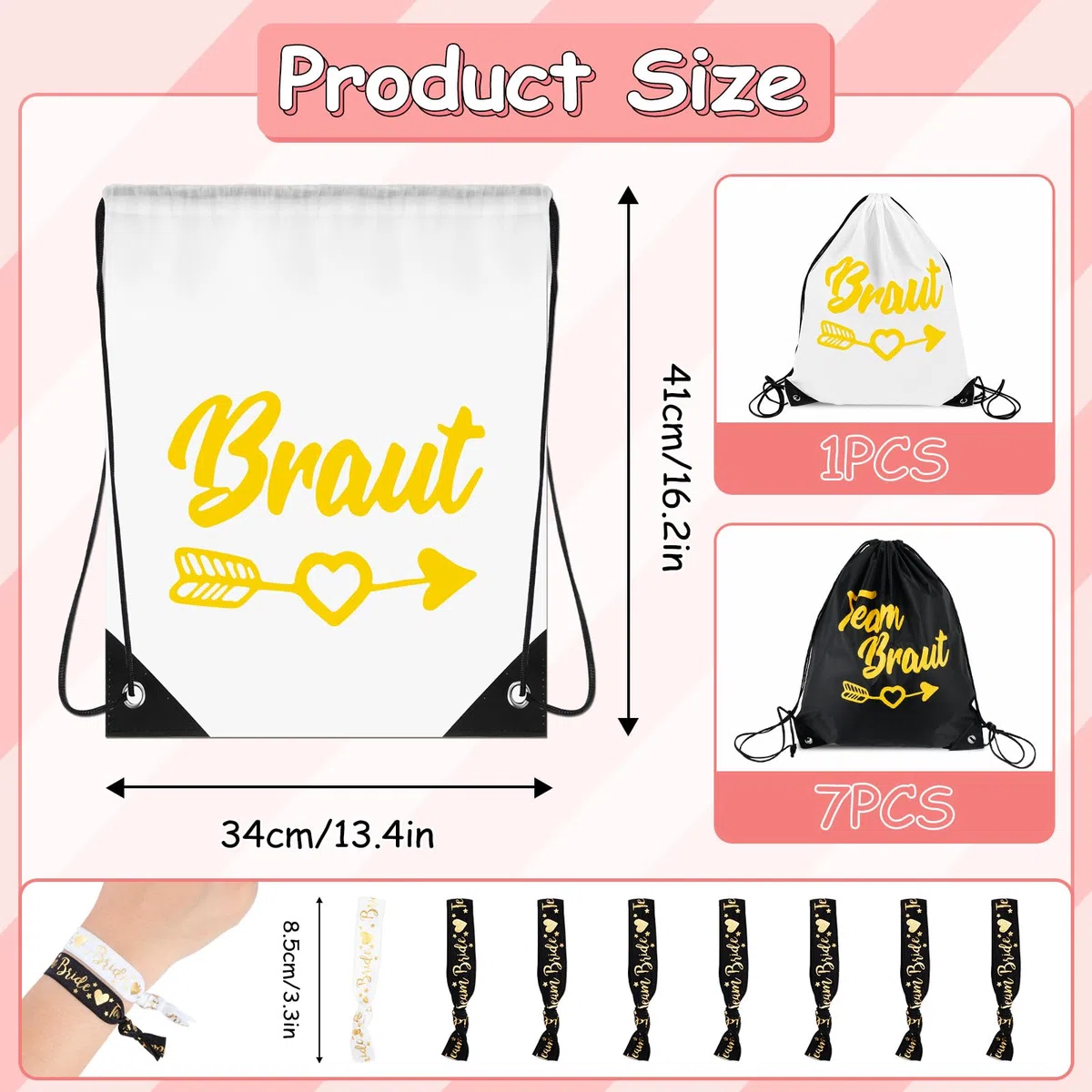 8PCS Turnbeutel Team Braut GA Beutel Set,Turnbeutel Team Braut mit Kordelzug für Brauts Party Geschenke Hochzeit,42x43cm,JGA Junggesellenabschied Frauen Turnbeutels Damen,Teams Brauts rucksack Set