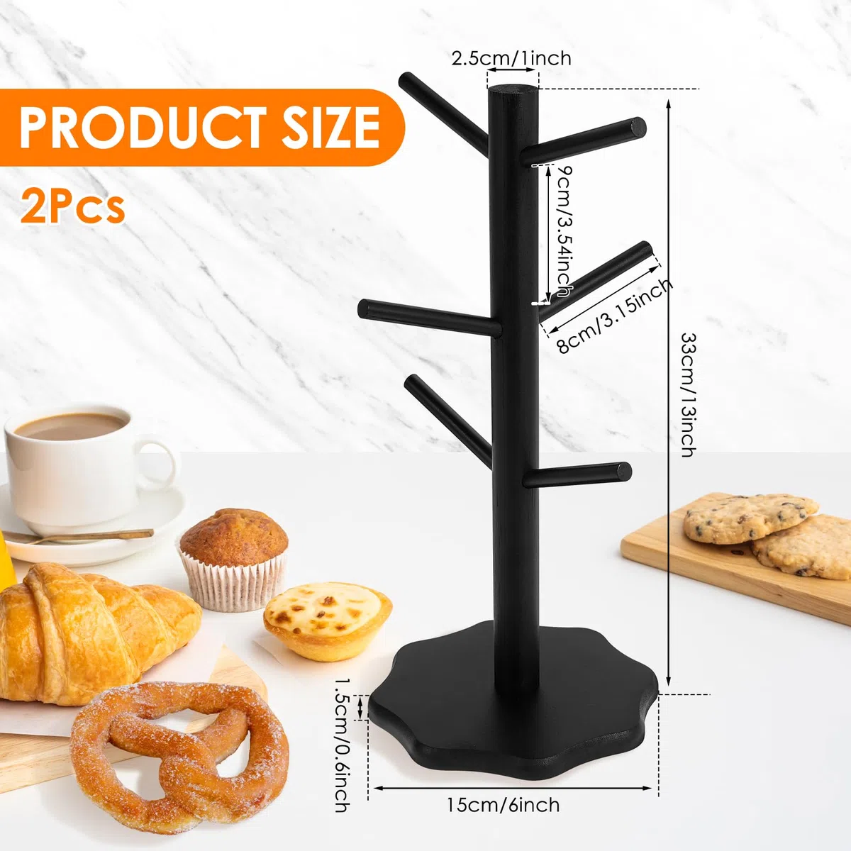 2 Stück Brezelständer,Brezelhalter aus Holz in Baumform,Stabil Tassenhalter,6-armig,Höhe 33cm,Wurststände,Platz sparen,Dekoration für Restaurants,Cafés,Bars,Küche(schwarz)
