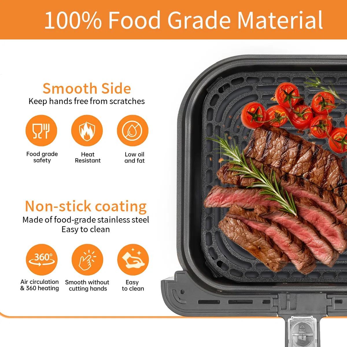 Fritteusen-Grillpfanne für COSORI Air Fryer TurboBlaze 6L Antihaft 22,6 x 22,6 cm quadratisches Grillrost-Ersatzteil inkl. Gummipuffern, spülmaschinengeeignet