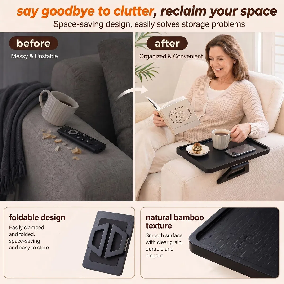 CEWROM Sofatablett Armlehne,Sofatablett - Couch Ablage flexibel für Armlehne, Festclip Couch Tablett Armlehnen Tray für Snacks,Handy,Control,Tassen, 24x34 cm, nachhaltiges Bambus Natur Groß (Schwarz)