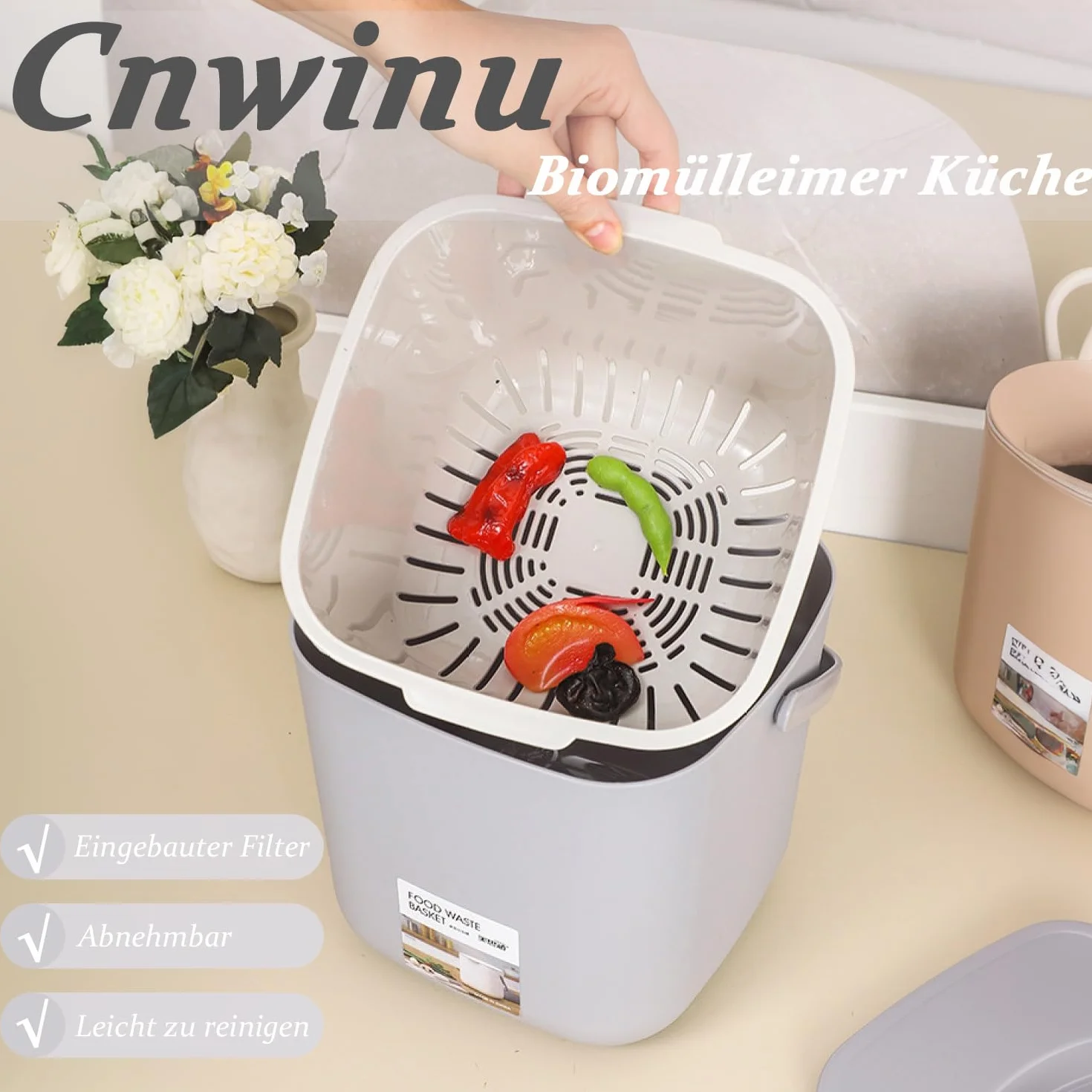 Biomülleimer Küche, 4L Komposteimer Küche, Kleiner Mülleimer mit Deckel, Biomüll Behälter mit Sieb, Spülmaschinenfest, Küchenkomposter für Alltäglichen Biomüll, Bio Mülleimer Geruchsdicht（Lila）