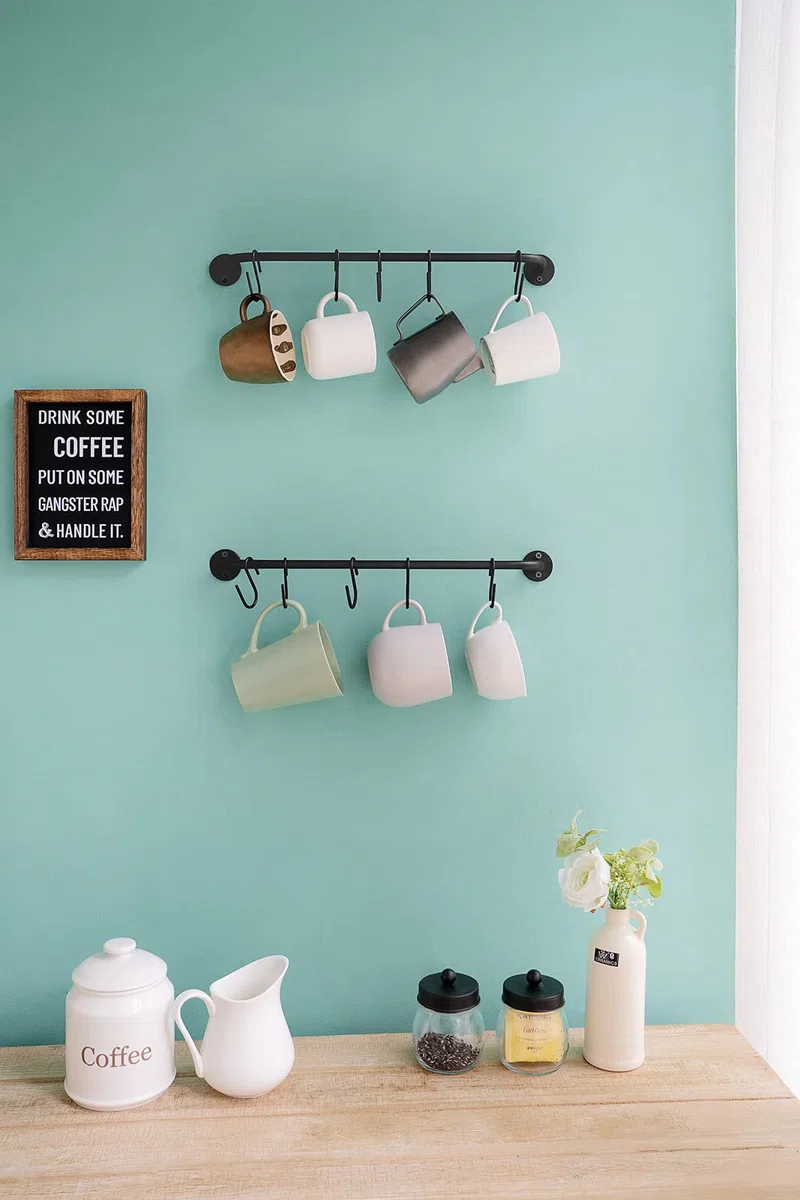 Mkono Becherhalter, Wandmontage, Kaffeetassenregal, Aufhänger, modernes Metall-Wandregal mit 10 Tassenhaken, rustikale Utensilien, Teetassen, Aufbewahrungs-Organizer für Küche, Esszimmer, Café, Bar