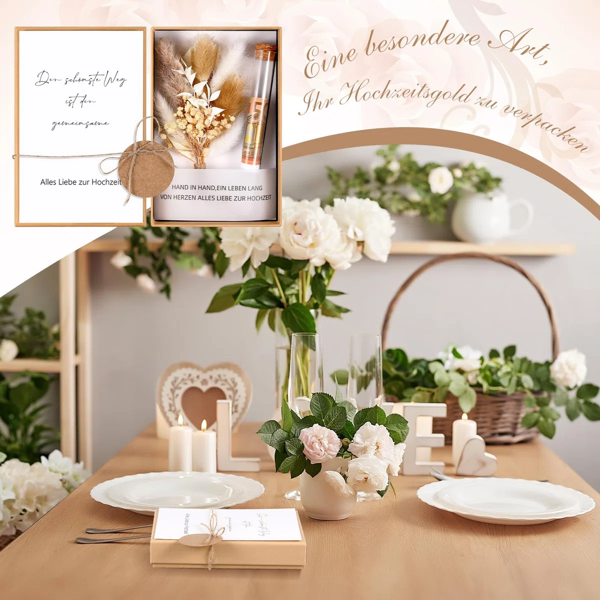 Hestya Hochzeitsgeschenke für Brautpaar Geldgeschenk Hochzeit Geld Geschenk Verpackung mit Hochzeitskarte Geschenkbox Trockenblumen Kunststoff Reagenzglas(Schönste Weg)
