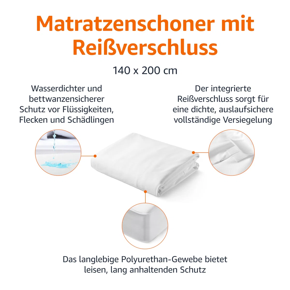 Amazon Basics Matratzenüberzug Anti-Milben Wasserdicht & Bettwanzensicher, Encasing mit Reißverschluss, bis 30 cm Tiefe, 140 x 200 cm, Weiß