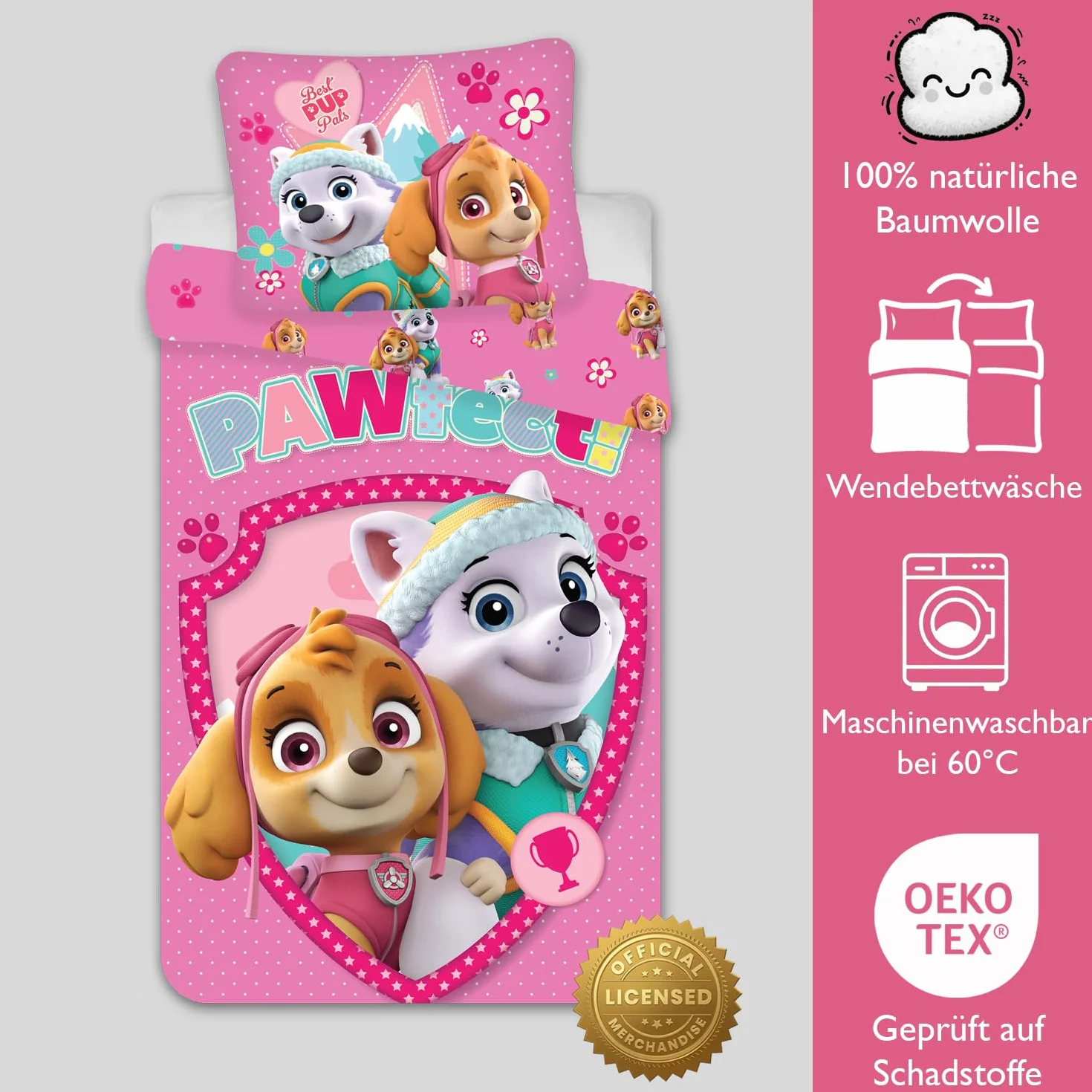 Baby Bettwäsche Set 2tlg. Paw Patrol 100% Baumwolle 100x135 cm, 40x60 cm, Skye und Everest | Wendbare Baby-Bettwäsche | Naturbaumwolle weich atmungsaktiv | Nickelodeon | Mädchen 0-3 | Kinderbett | Maschinenwaschbar
